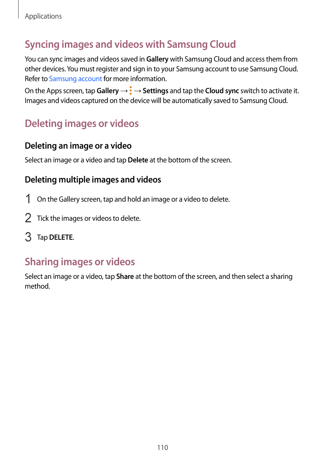 Samsung SM-G930FZKUXXV Syncing images and videos with Samsung Cloud, Deleting images or videos, Sharing images or videos 