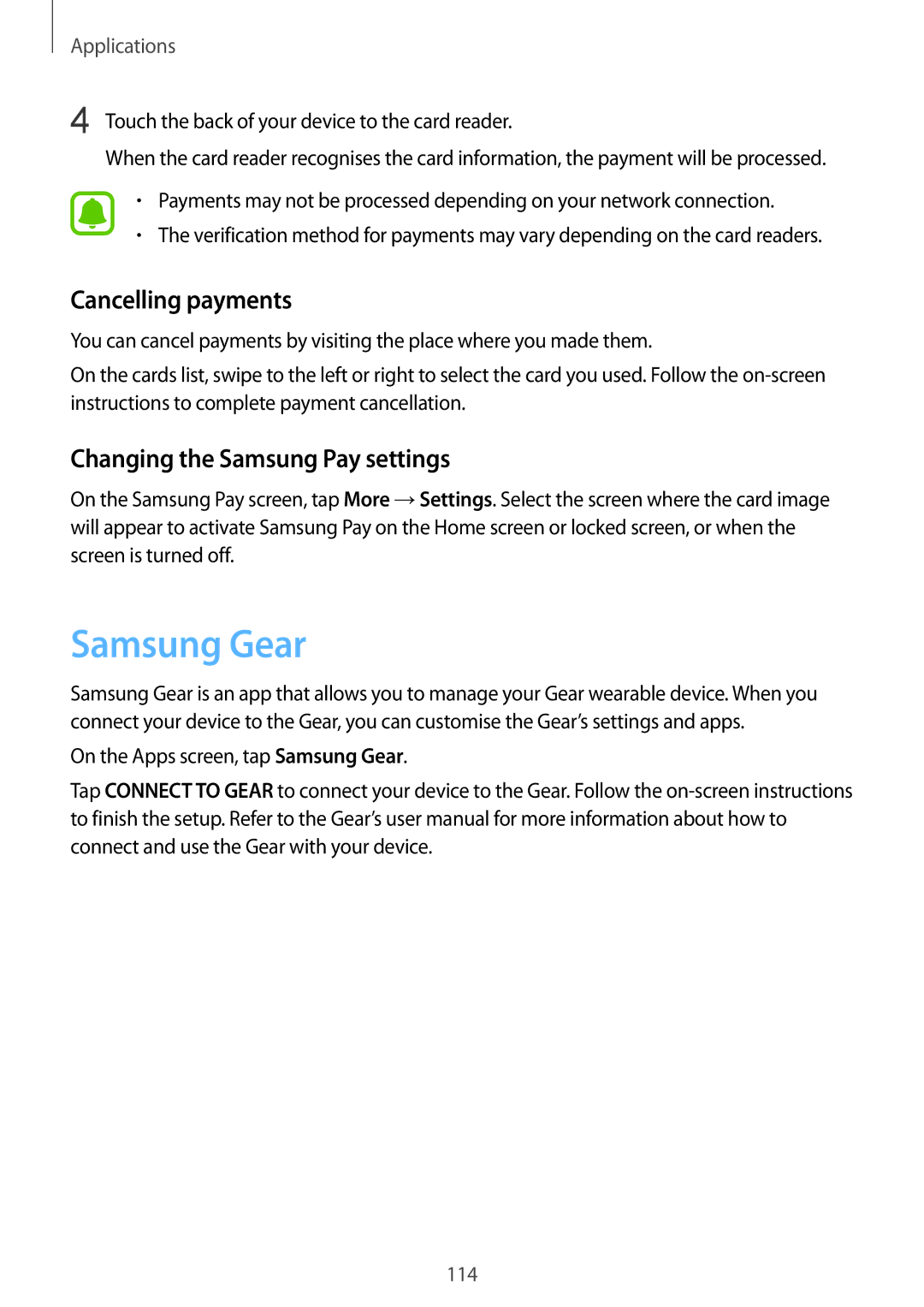 Samsung SM-G930FZKABGL, SM-G930FZSADBT, SM-G930FZWADBT Samsung Gear, Cancelling payments, Changing the Samsung Pay settings 