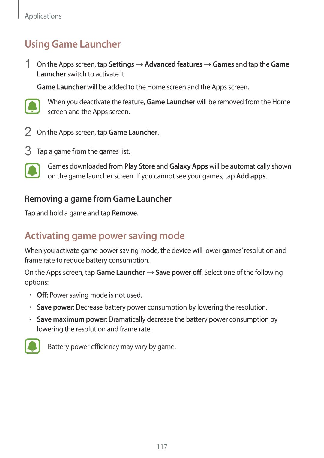 Samsung SM-G930FEDANEE manual Using Game Launcher, Activating game power saving mode, Removing a game from Game Launcher 