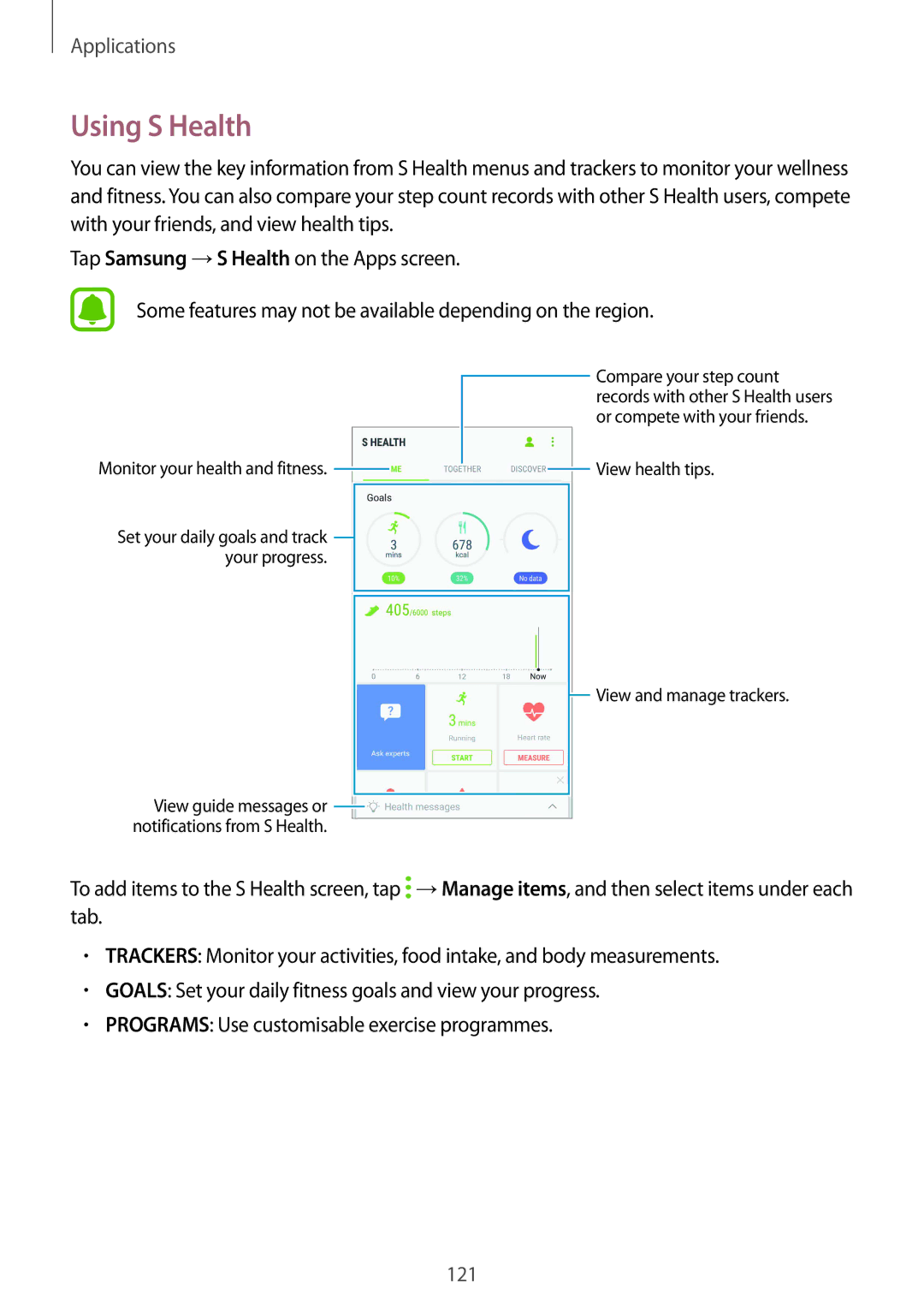 Samsung SM-G930FZDANEE, SM-G930FZSADBT, SM-G930FZWADBT, SM-G930FZDADBT manual Using S Health, Monitor your health and fitness 