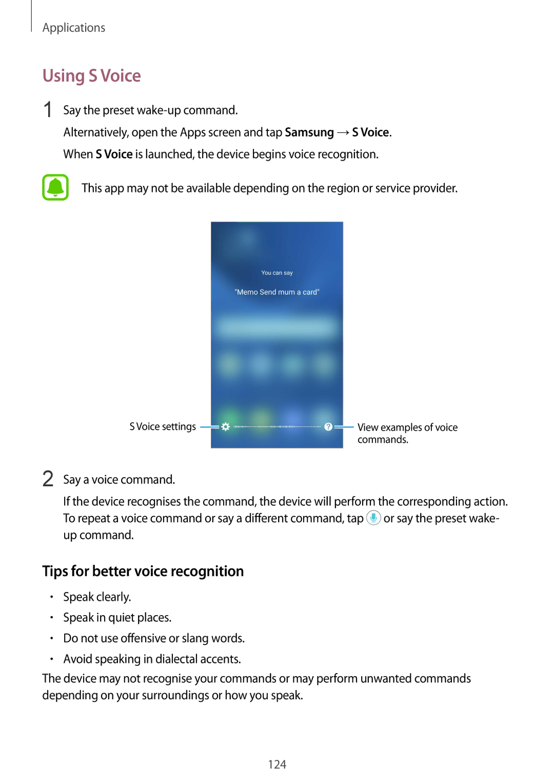 Samsung SM-G930FZSAILO, SM-G930FZSADBT Using S Voice, Tips for better voice recognition, Say the preset wake-up command 