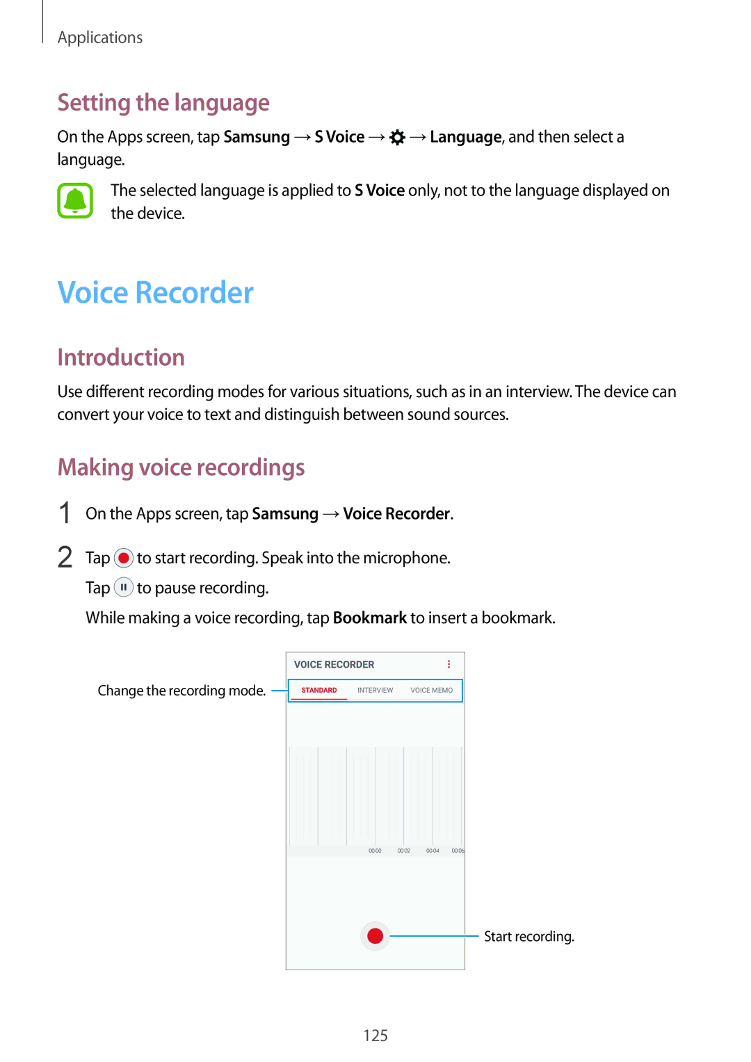 Samsung SM-G930FZDAXEH, SM-G930FZSADBT, SM-G930FZWADBT manual Voice Recorder, Setting the language, Making voice recordings 