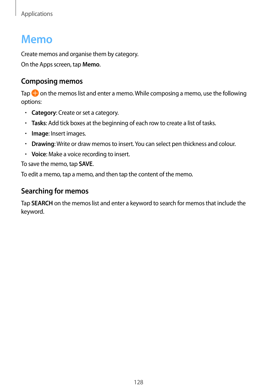 Samsung SM-G930FZDADBT, SM-G930FZSADBT, SM-G930FZWADBT, SM-G930FZKADBT manual Memo, Composing memos, Searching for memos 