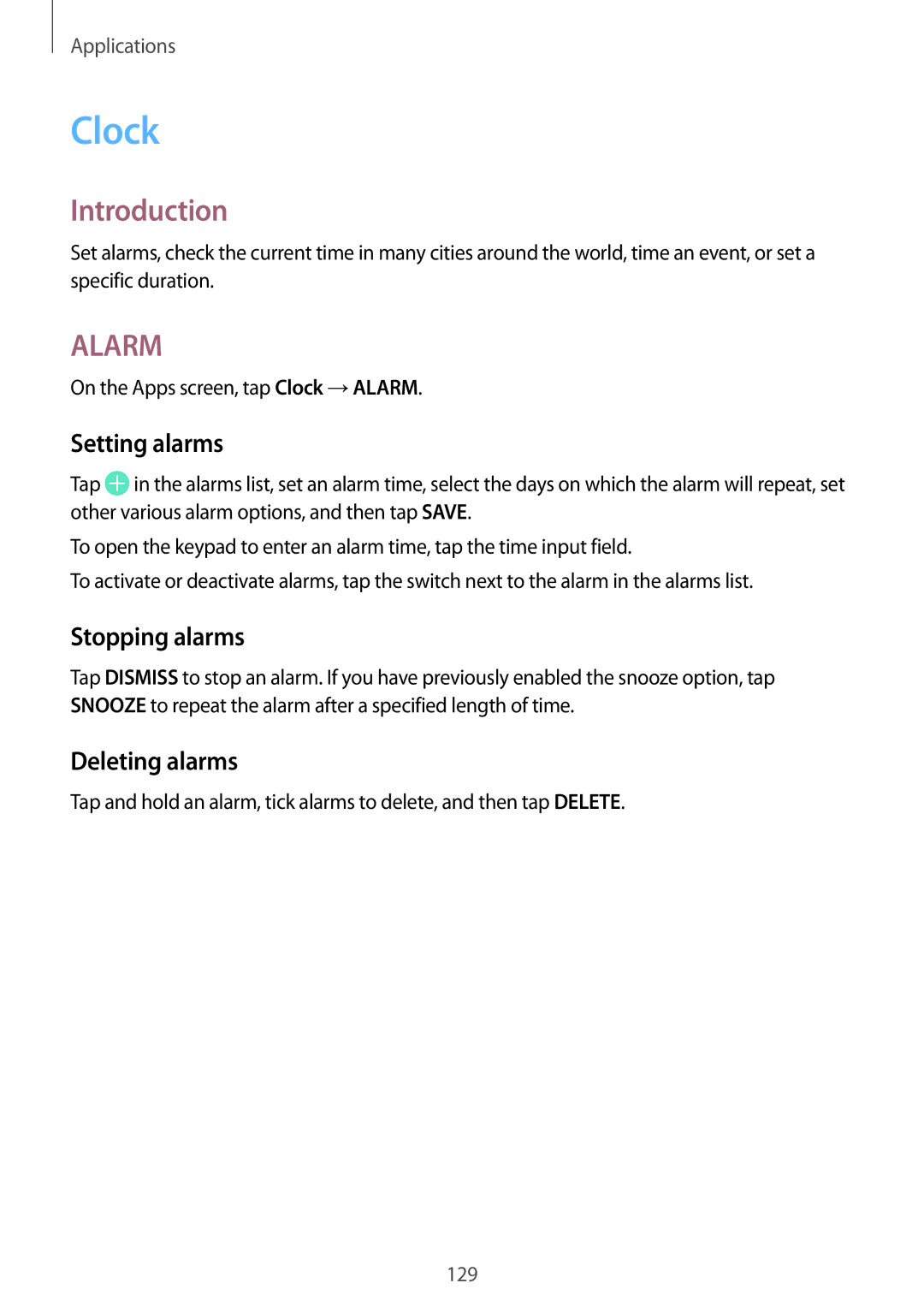 Samsung SM-G930FZKADBT manual Setting alarms, Stopping alarms, Deleting alarms, On the Apps screen, tap Clock →ALARM 