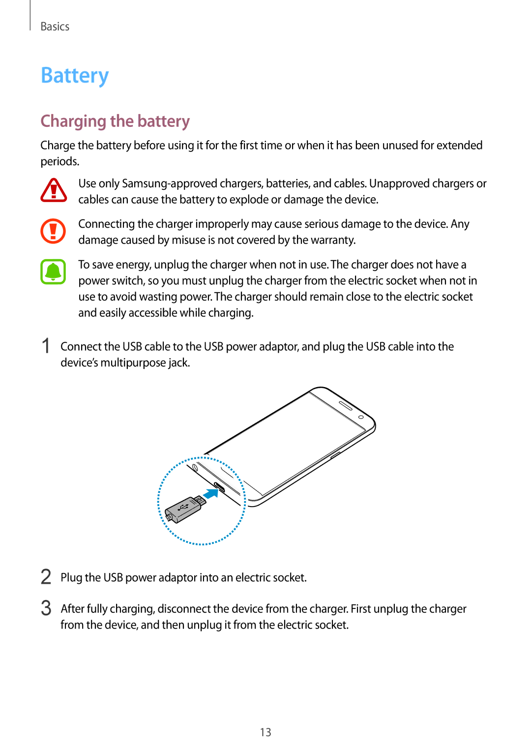 Samsung SM-G930FZDAITV, SM-G930FZSADBT, SM-G930FZWADBT, SM-G930FZDADBT, SM-G930FZKADBT manual Battery, Charging the battery 