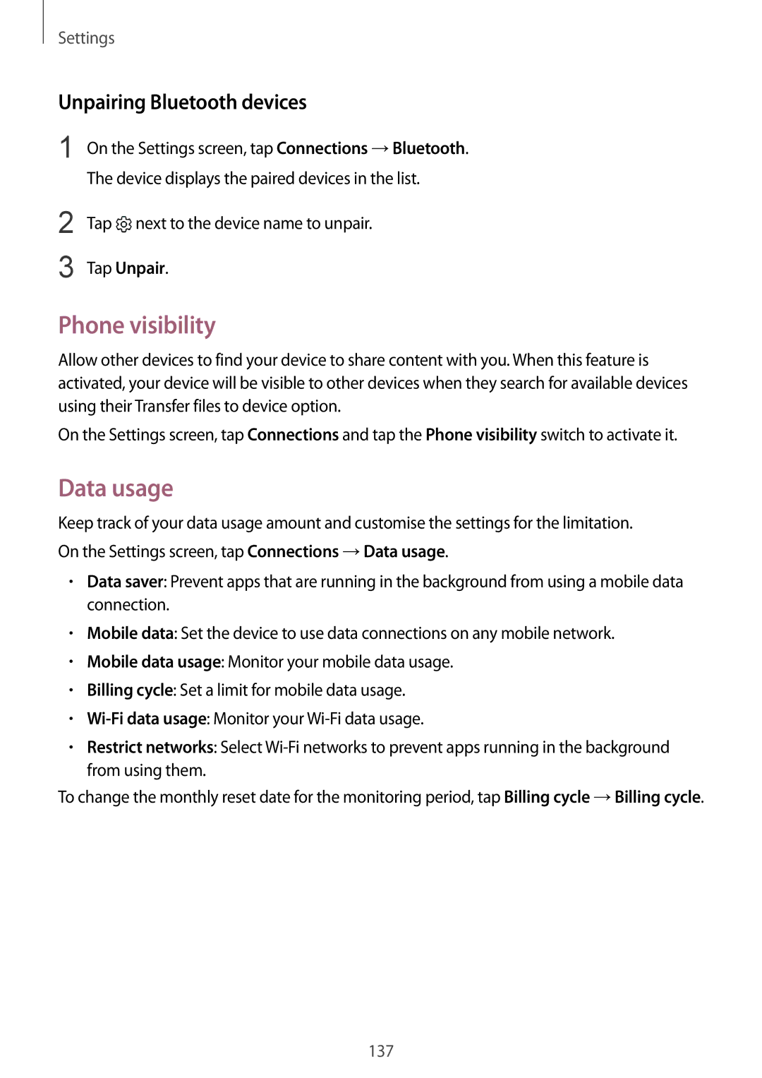 Samsung SM-G930FZWAITV Phone visibility, Data usage, Unpairing Bluetooth devices, Tap next to the device name to unpair 