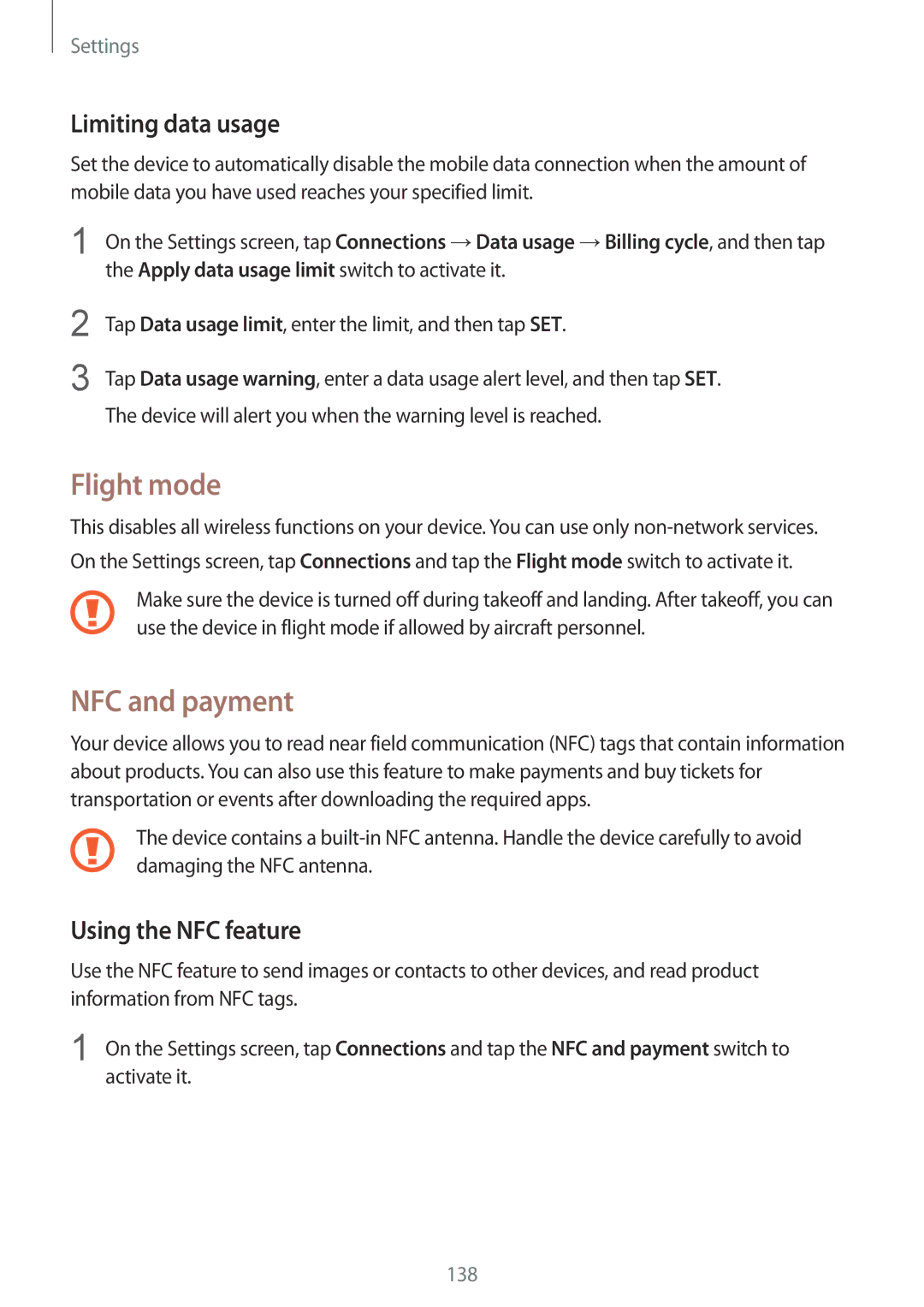 Samsung SM-G930FZSAITV, SM-G930FZSADBT manual Flight mode, NFC and payment, Limiting data usage, Using the NFC feature 