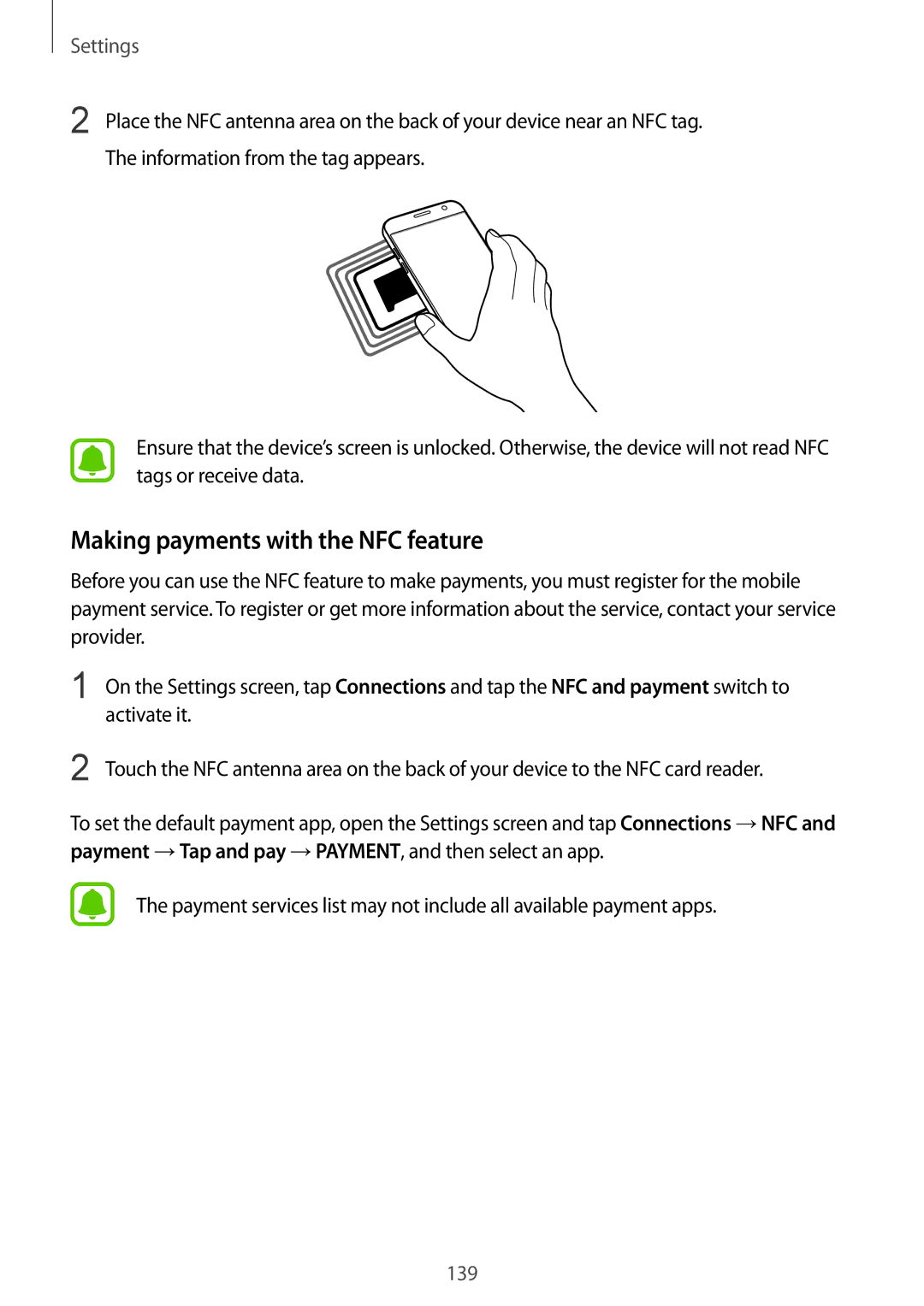 Samsung SM-G930FZDAITV, SM-G930FZSADBT, SM-G930FZWADBT, SM-G930FZDADBT, SM-G930FZKADBT Making payments with the NFC feature 