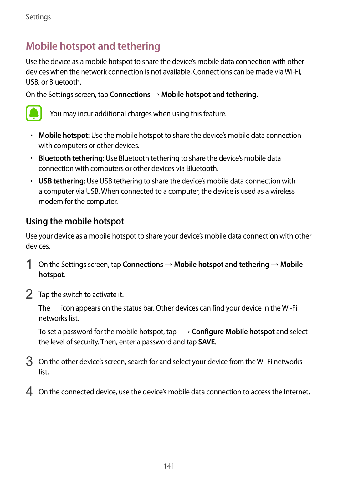 Samsung SM-G930FZSAPHE, SM-G930FZSADBT, SM-G930FZWADBT manual Mobile hotspot and tethering, Using the mobile hotspot 