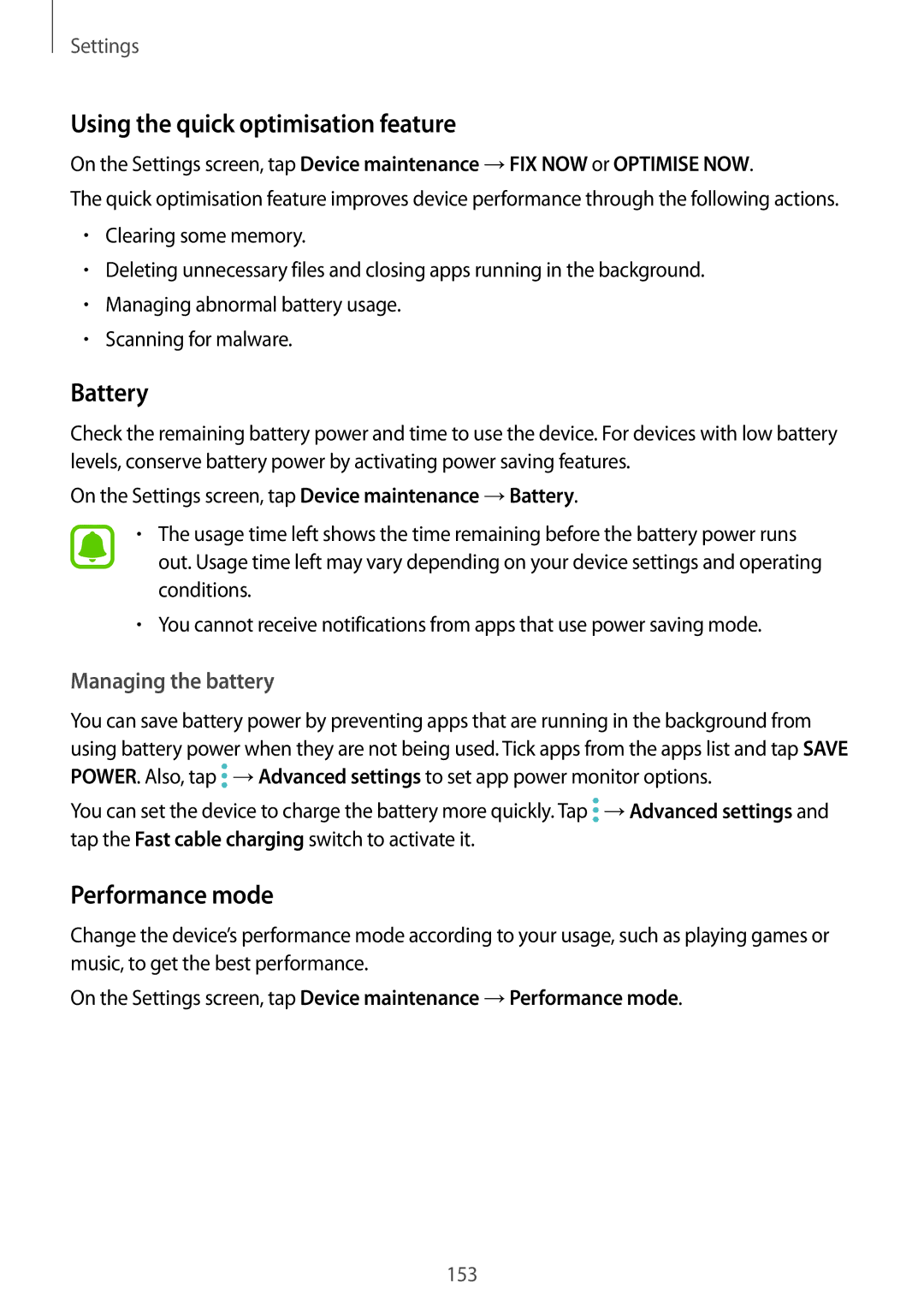 Samsung SM-G930FZSUXXV manual Using the quick optimisation feature, Battery, Performance mode, Managing the battery 