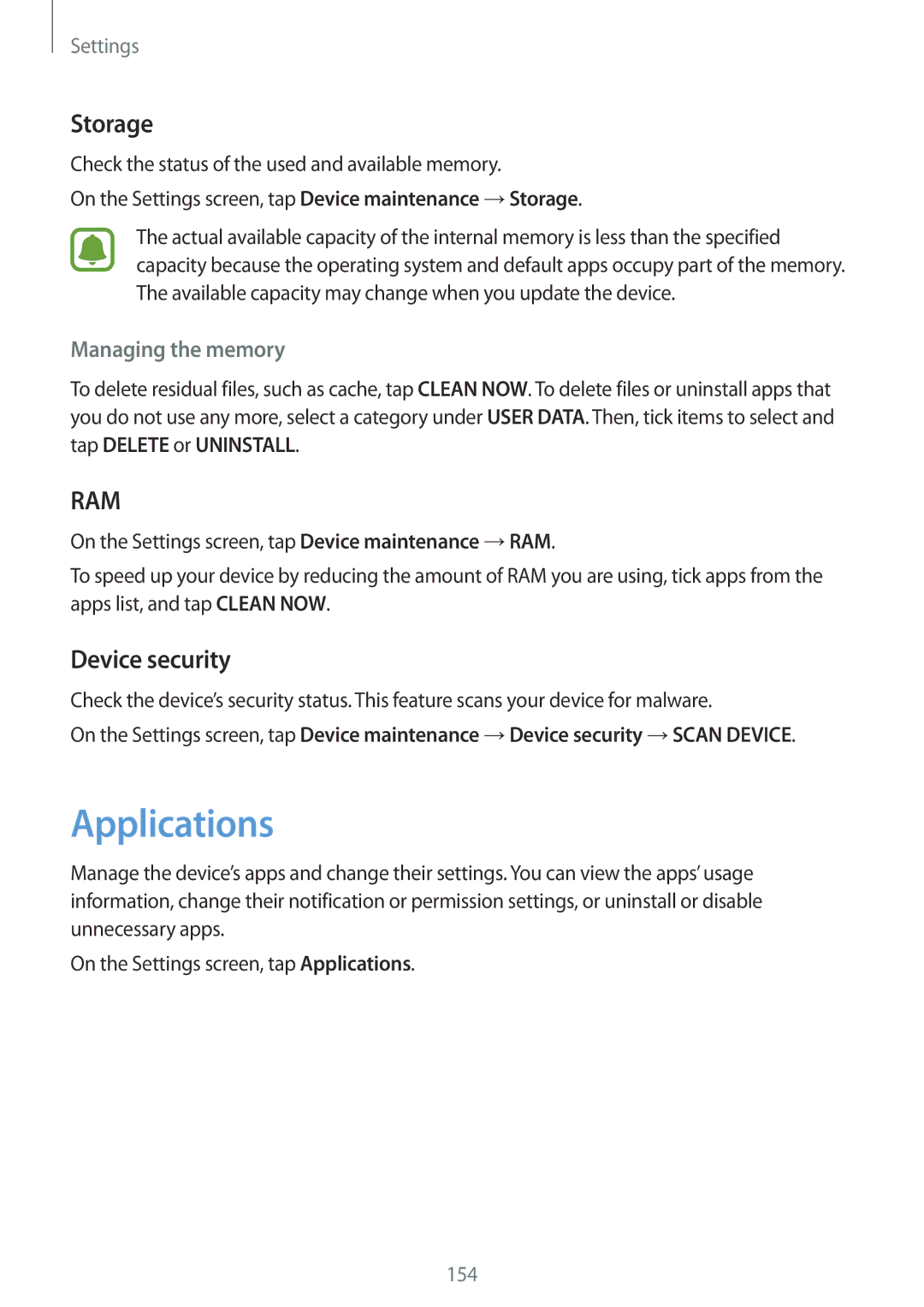 Samsung SM-G930FEDABGL, SM-G930FZSADBT, SM-G930FZWADBT manual Applications, Storage, Device security, Managing the memory 