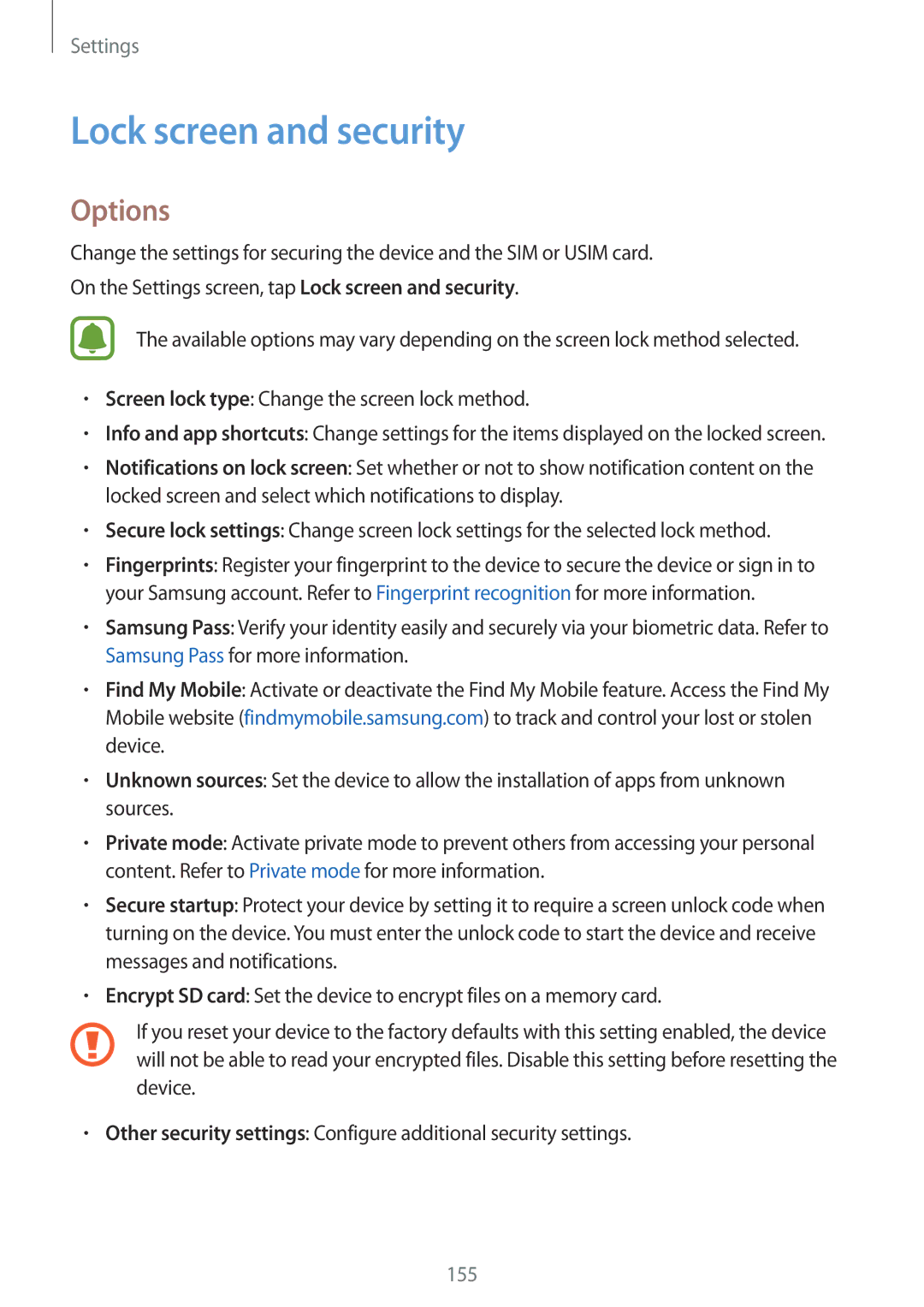 Samsung SM-G930FZDABGL, SM-G930FZSADBT, SM-G930FZWADBT, SM-G930FZDADBT, SM-G930FZKADBT manual Lock screen and security, Options 