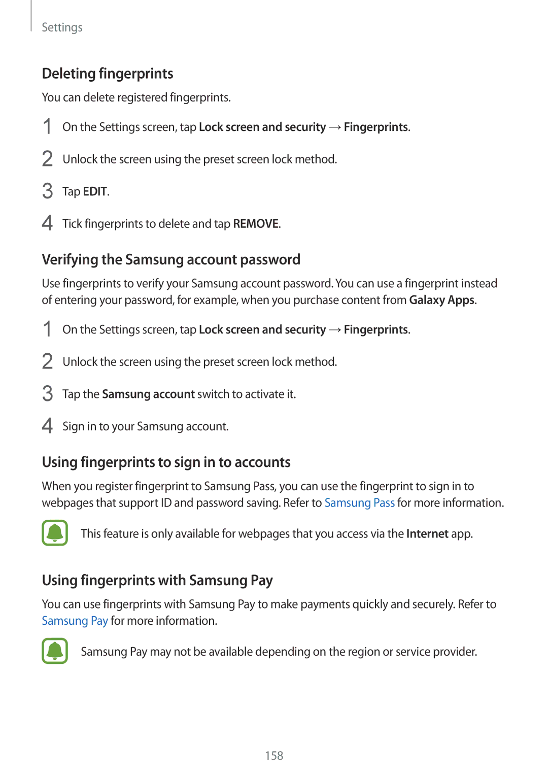 Samsung SM-G930FZKAETL Deleting fingerprints, Verifying the Samsung account password, Using fingerprints with Samsung Pay 