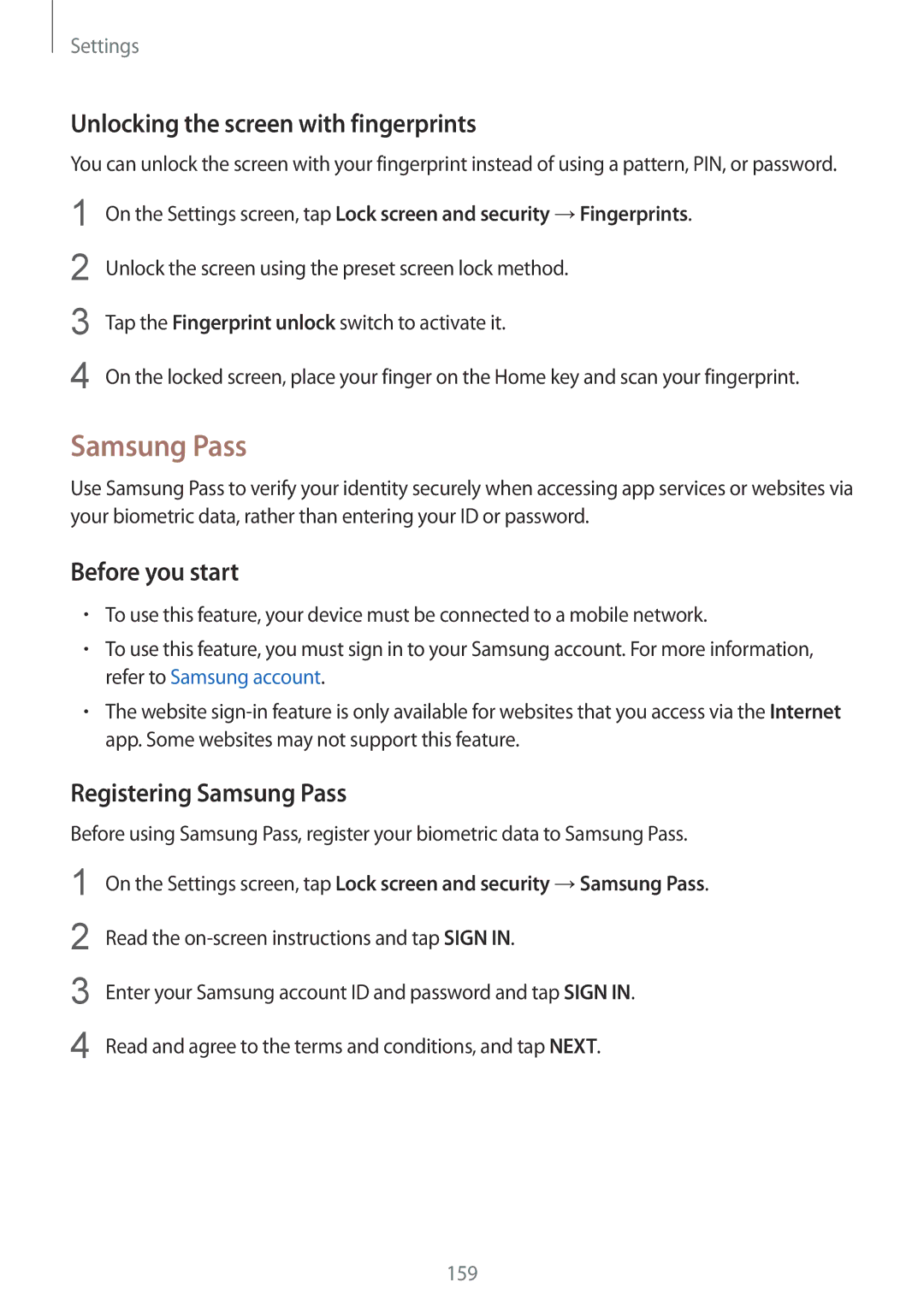 Samsung SM-G930FEDANEE, SM-G930FZSADBT, SM-G930FZWADBT Unlocking the screen with fingerprints, Registering Samsung Pass 