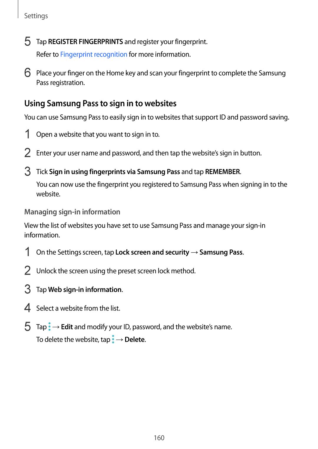 Samsung SM-G930FZWANEE, SM-G930FZSADBT manual Using Samsung Pass to sign in to websites, Managing sign-in information 