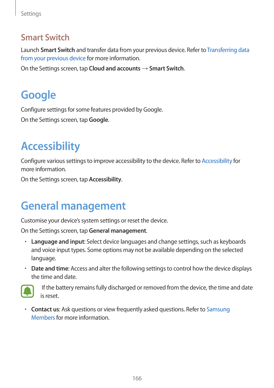 Samsung SM-G930FZSAILO, SM-G930FZSADBT, SM-G930FZWADBT manual Google, Accessibility, General management, Smart Switch 