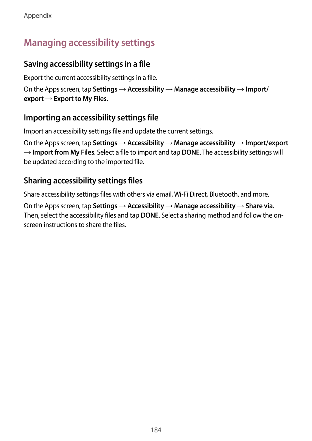 Samsung SM-G930FEDAPHE, SM-G930FZSADBT manual Managing accessibility settings, Saving accessibility settings in a file 