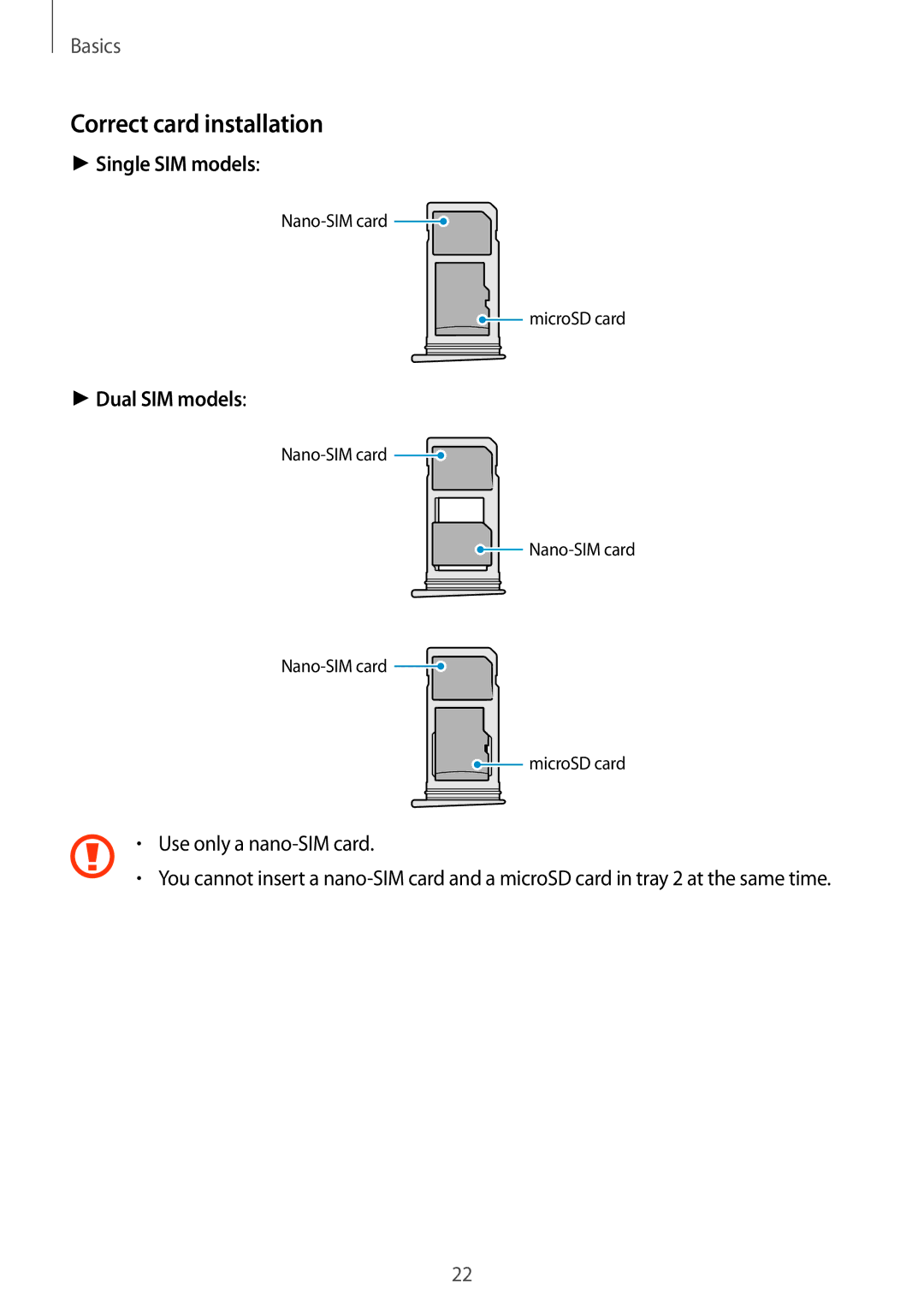 Samsung SM-G930FZKAKSA, SM-G930FZSADBT, SM-G930FZWADBT, SM-G930FZDADBT Correct card installation, Use only a nano-SIM card 