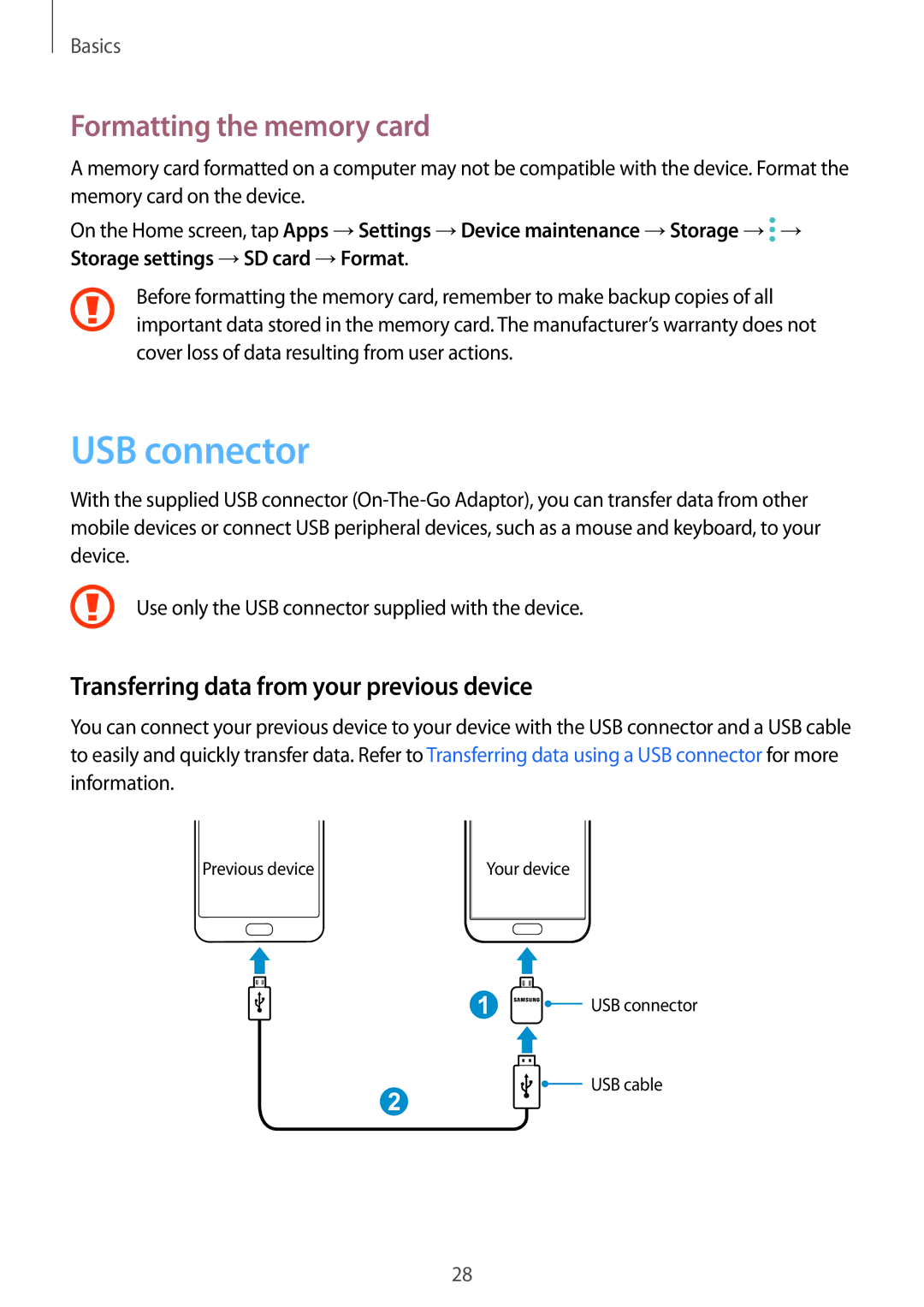 Samsung SM-G930FEDABGL manual USB connector, Formatting the memory card, Transferring data from your previous device 