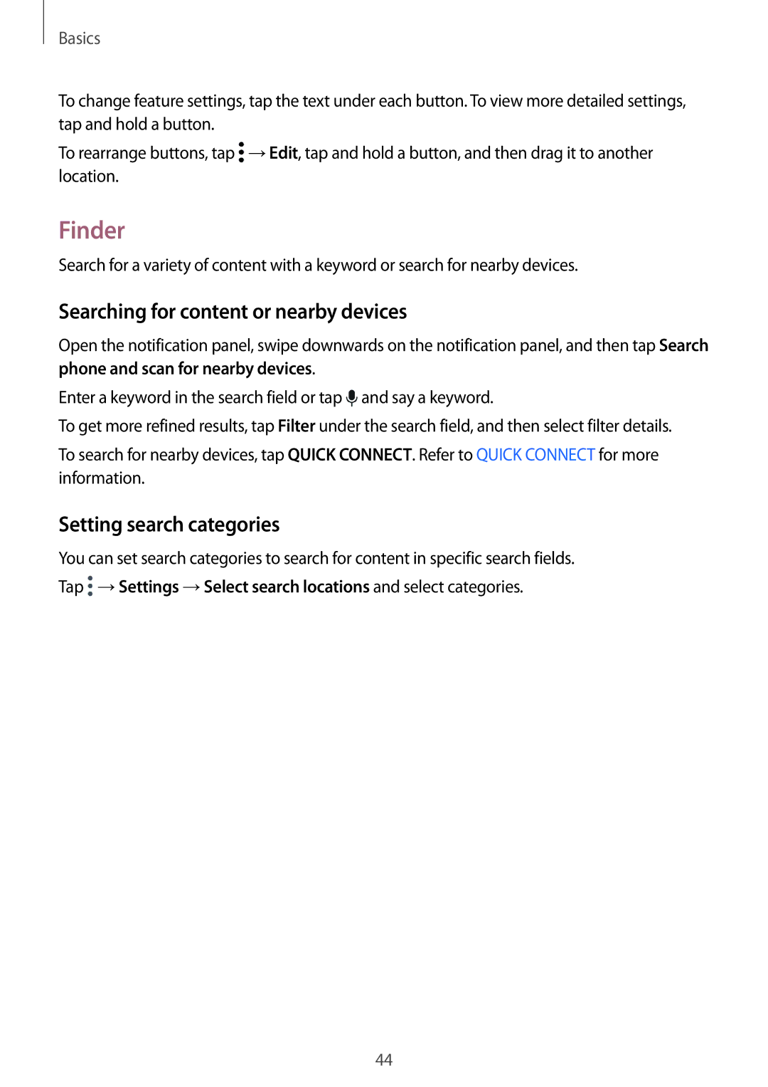 Samsung SM-G930FZDADBT, SM-G930FZSADBT manual Finder, Searching for content or nearby devices, Setting search categories 