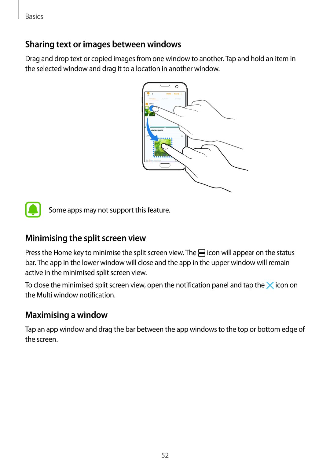 Samsung SM-G930FEDAITV manual Sharing text or images between windows, Minimising the split screen view, Maximising a window 