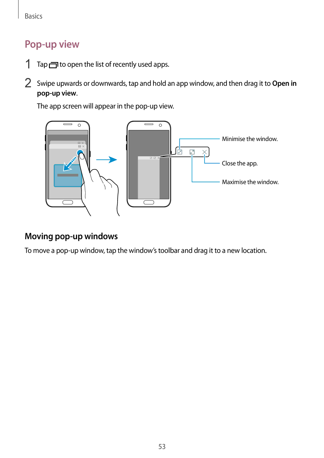 Samsung SM-G930FZWAITV, SM-G930FZSADBT manual Pop-up view, Moving pop-up windows, App screen will appear in the pop-up view 