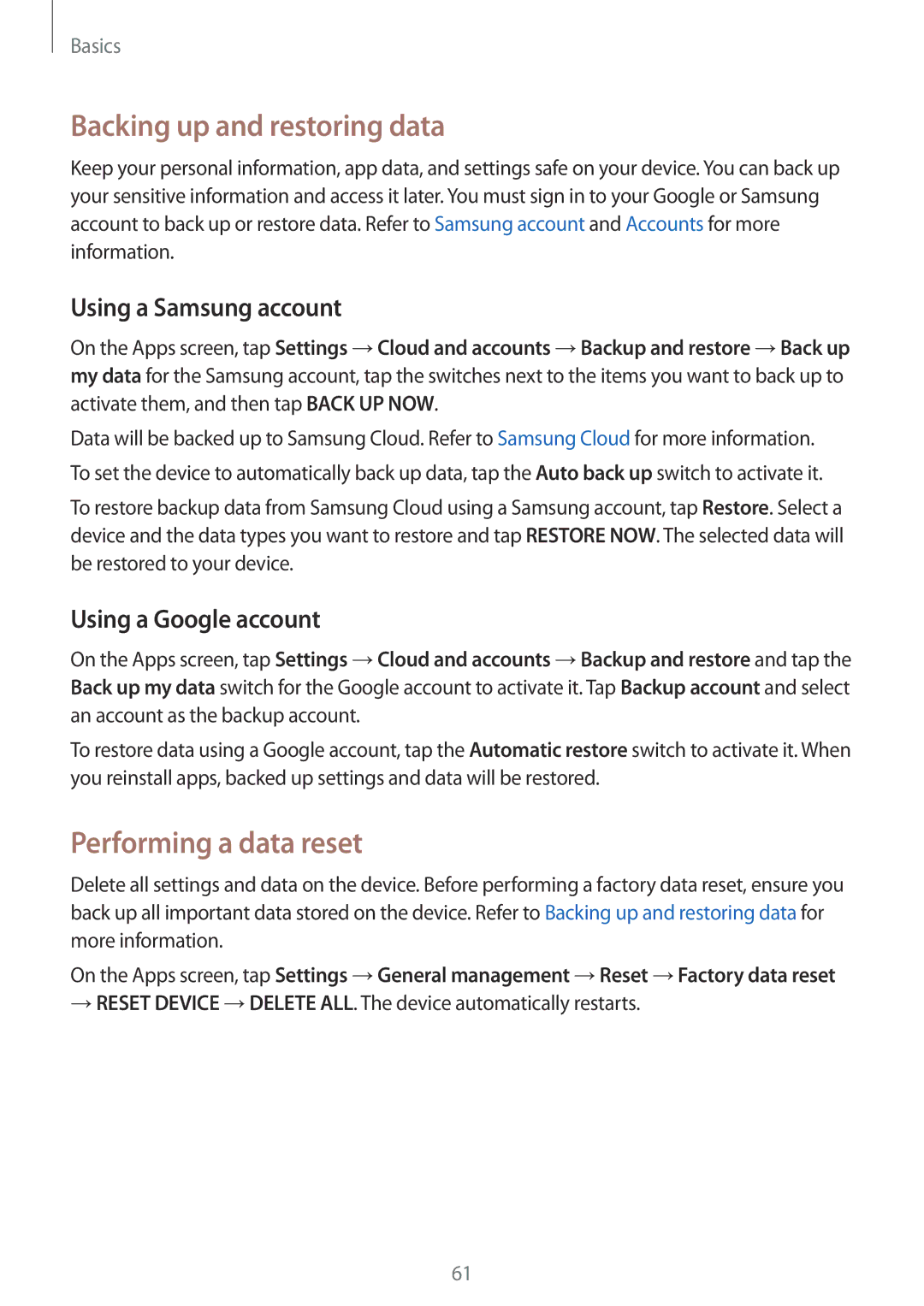 Samsung SM-G930FZSAKSA, SM-G930FZSADBT Backing up and restoring data, Performing a data reset, Using a Samsung account 