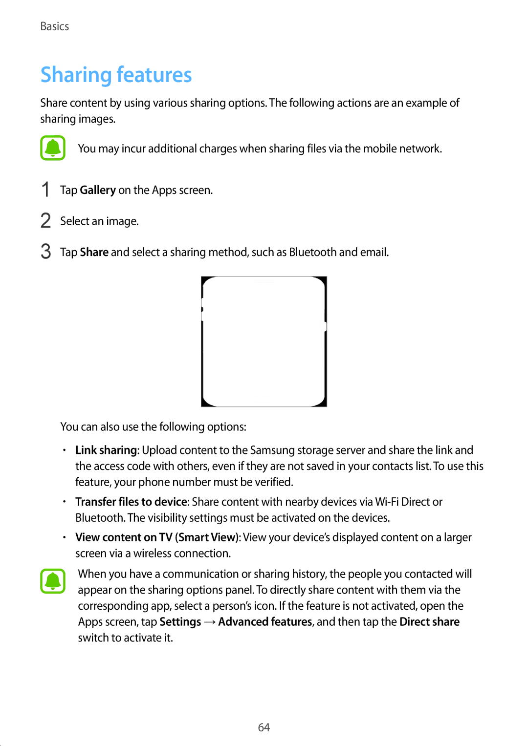 Samsung SM-G930FZKAKSA, SM-G930FZSADBT, SM-G930FZWADBT, SM-G930FZDADBT, SM-G930FZKADBT, SM-G930FEDADBT manual Sharing features 