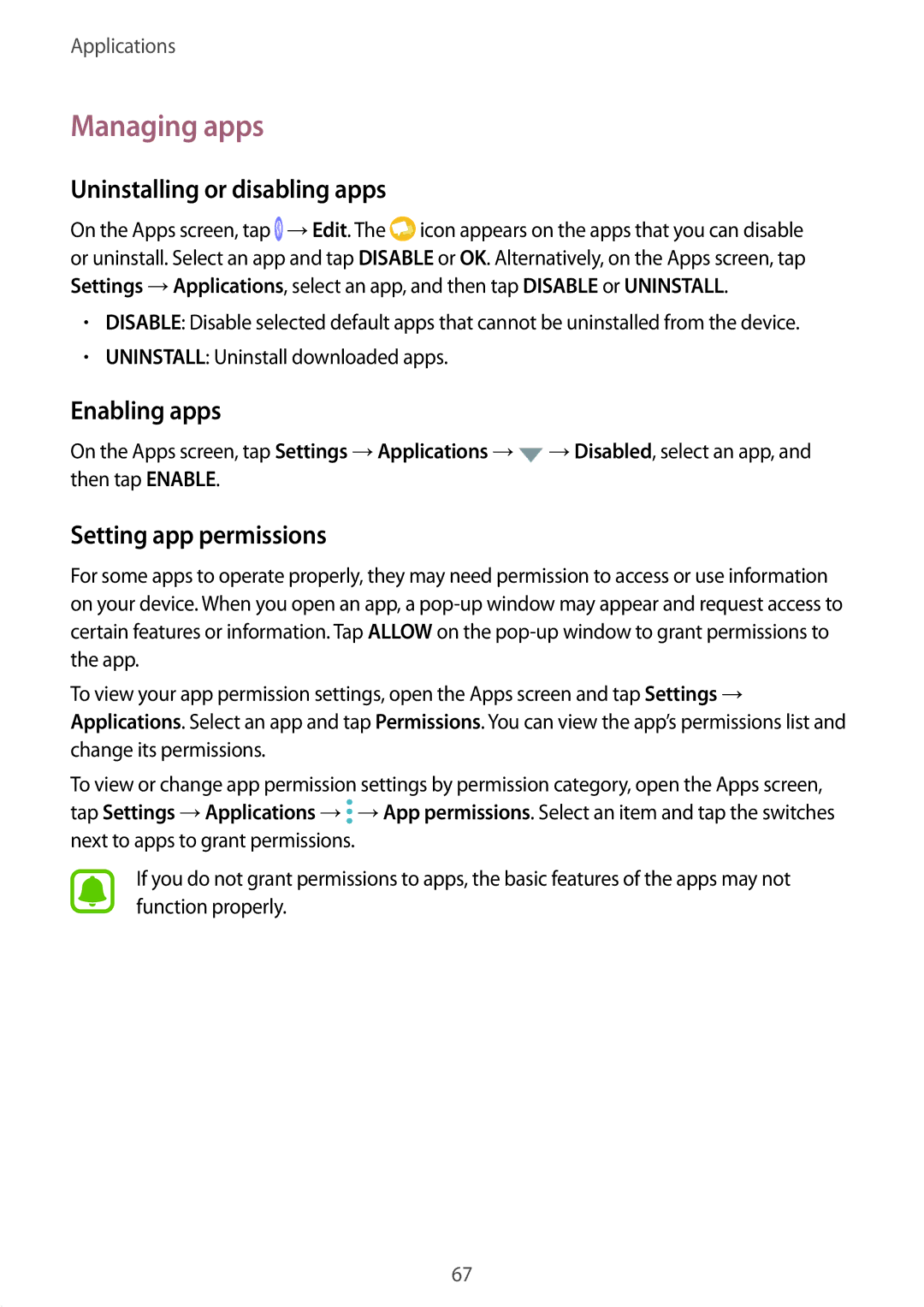 Samsung SM-G930FZDUXXV manual Managing apps, Uninstalling or disabling apps, Enabling apps, Setting app permissions 