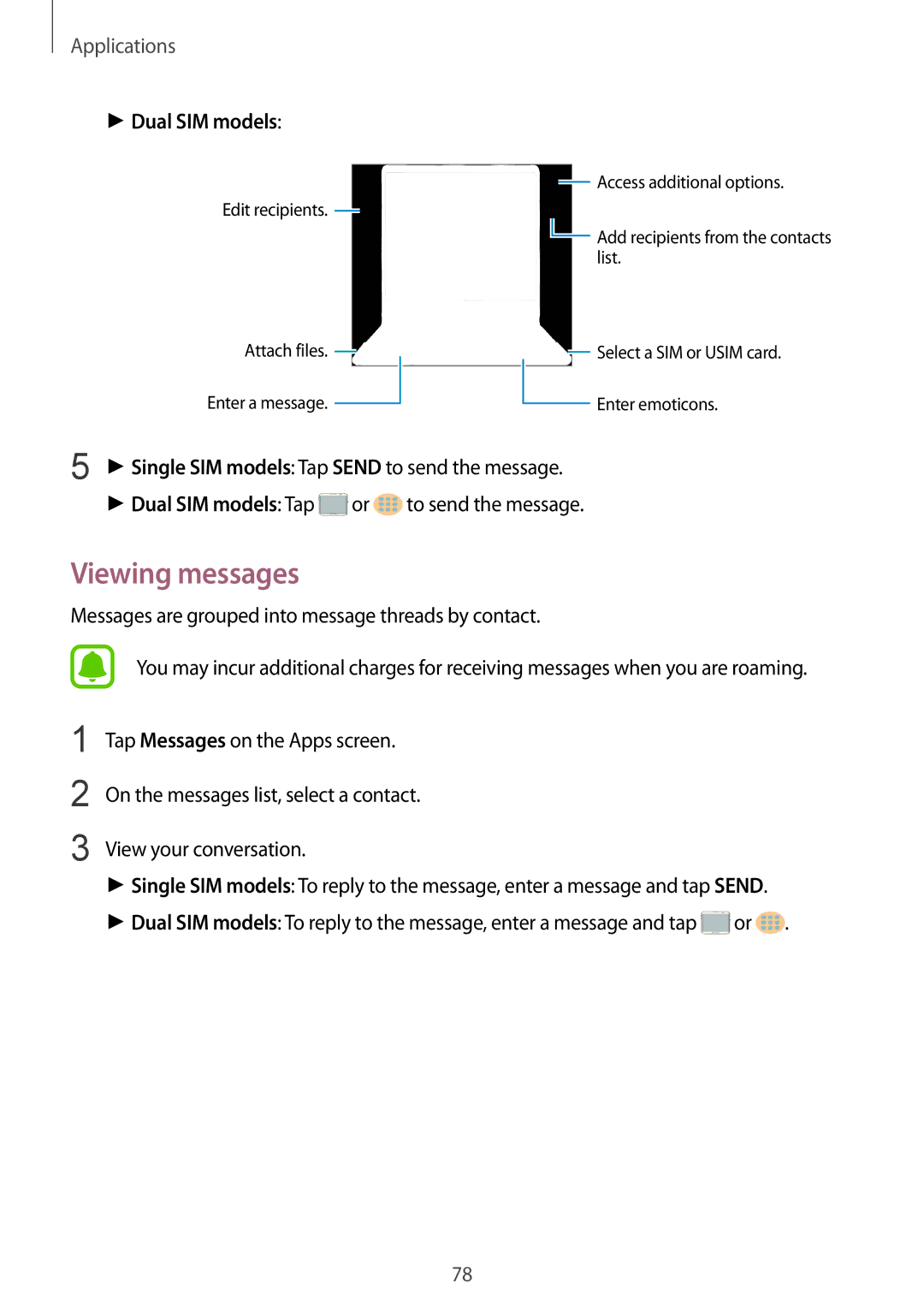 Samsung SM-G930FZKANEE, SM-G930FZSADBT, SM-G930FZWADBT, SM-G930FZDADBT, SM-G930FZKADBT manual Viewing messages, Dual SIM models 