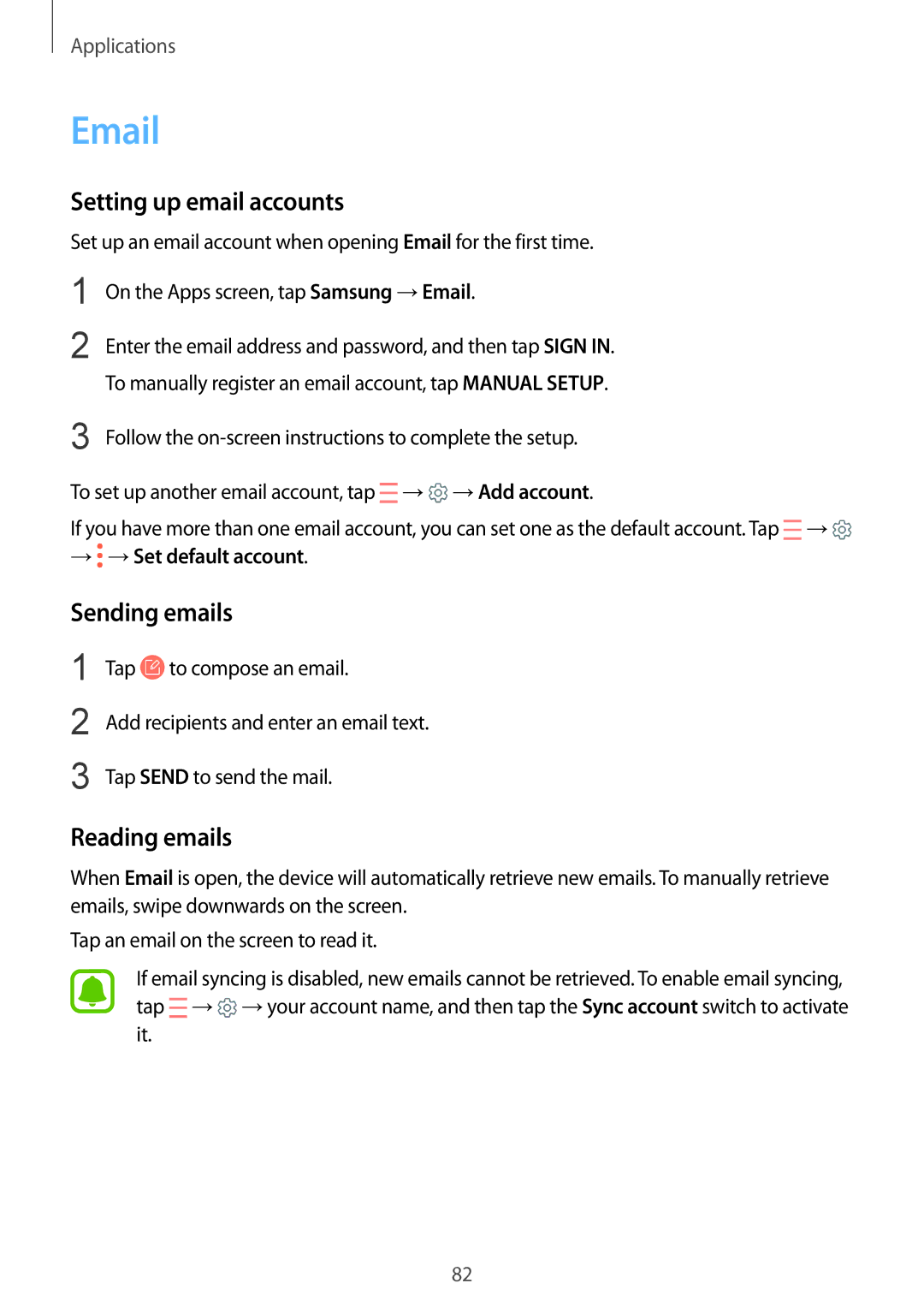 Samsung SM-G930FZSAILO, SM-G930FZSADBT Setting up email accounts, Sending emails, Reading emails, → →Set default account 