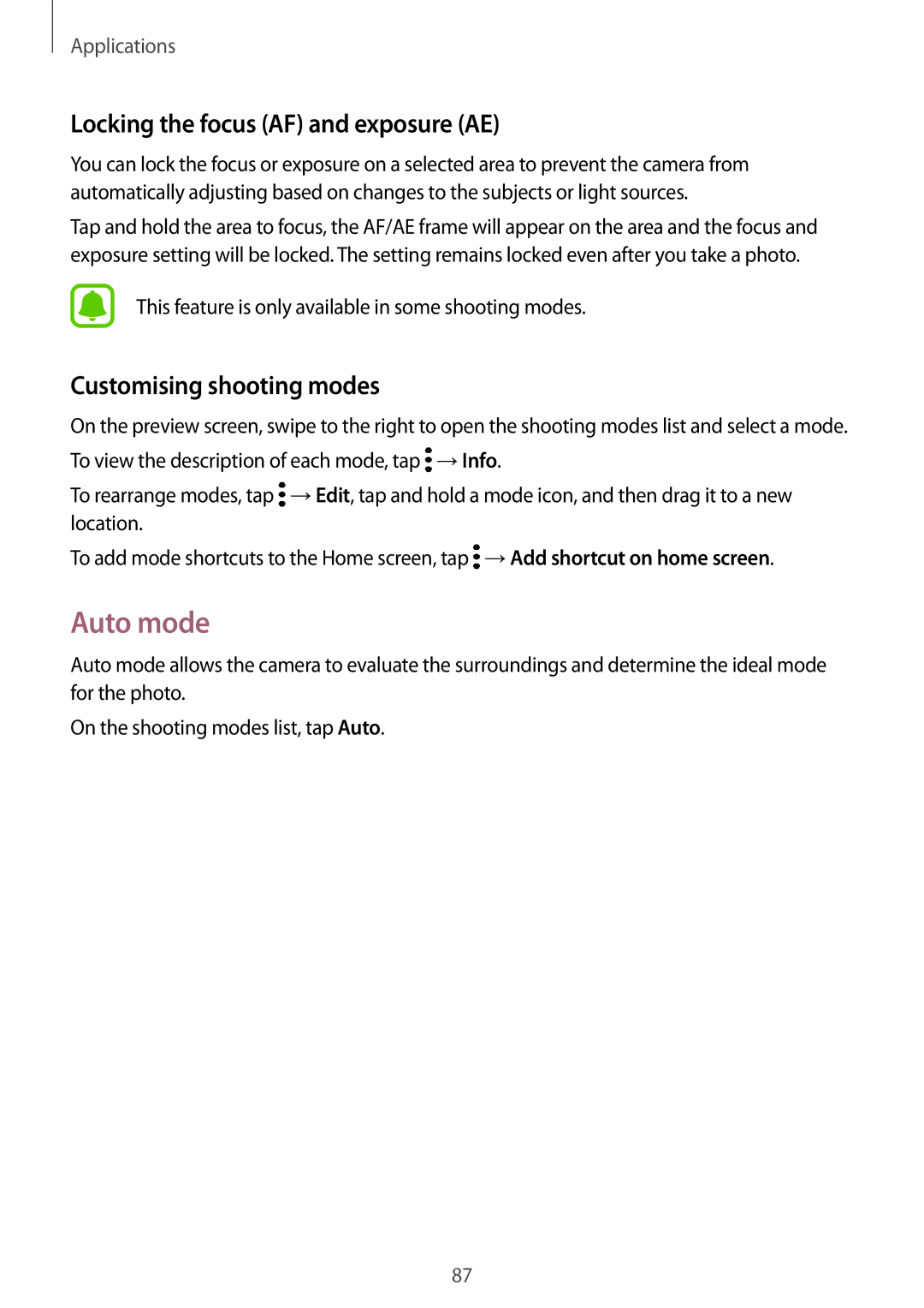 Samsung SM-G930FZKADBT, SM-G930FZSADBT manual Auto mode, Locking the focus AF and exposure AE, Customising shooting modes 