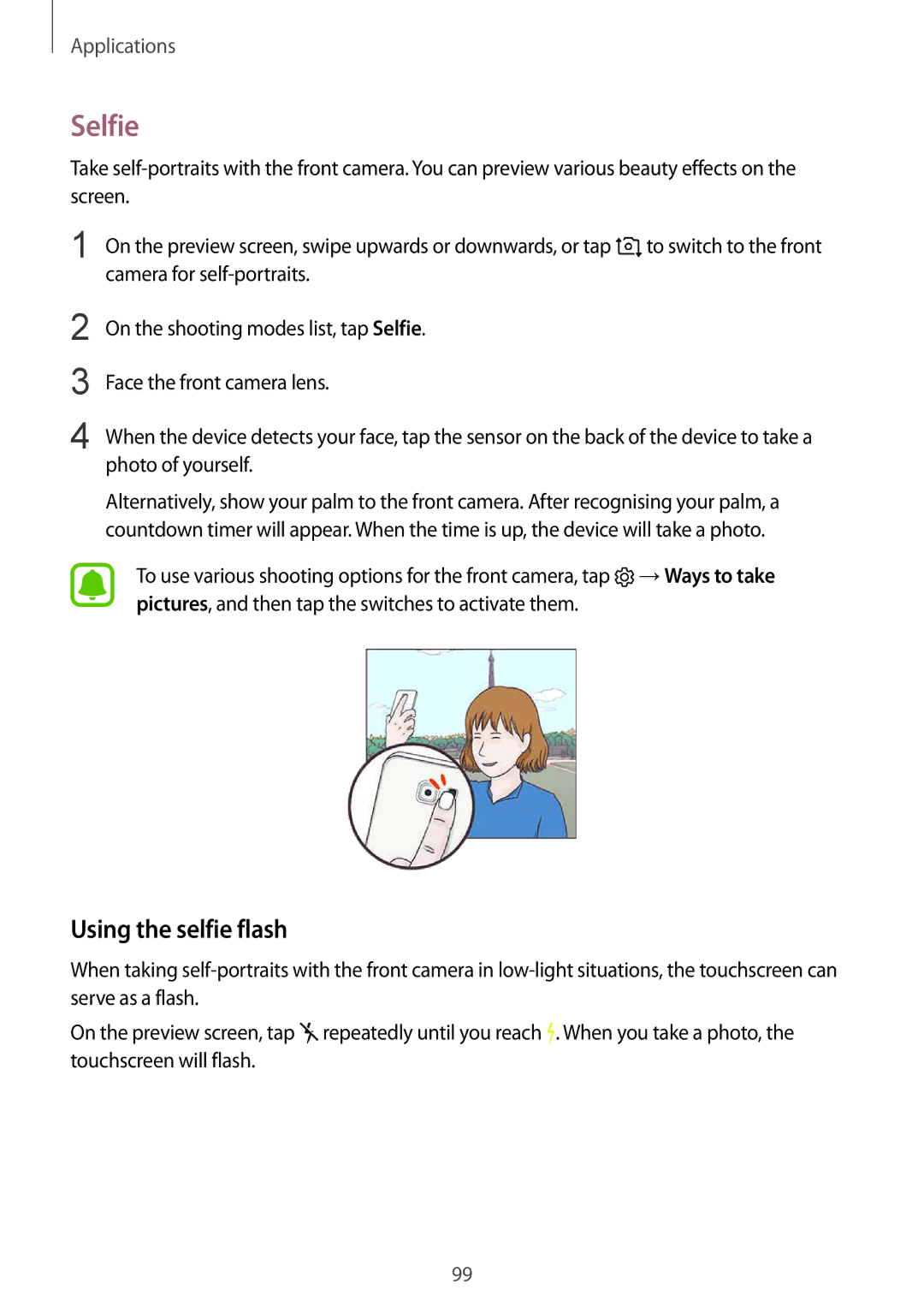 Samsung SM-G930FZSAPHE, SM-G930FZSADBT, SM-G930FZWADBT, SM-G930FZDADBT, SM-G930FZKADBT manual Selfie, Using the selfie flash 