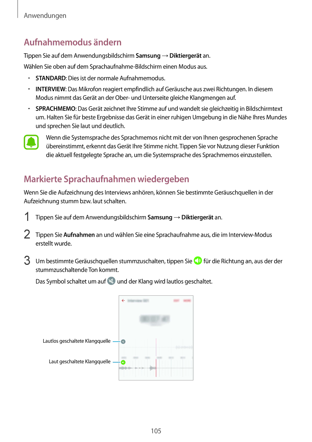 Samsung SM-G930FZSADBT, SM-G930FZWADBT, SM-G930FZDADBT manual Aufnahmemodus ändern, Markierte Sprachaufnahmen wiedergeben 