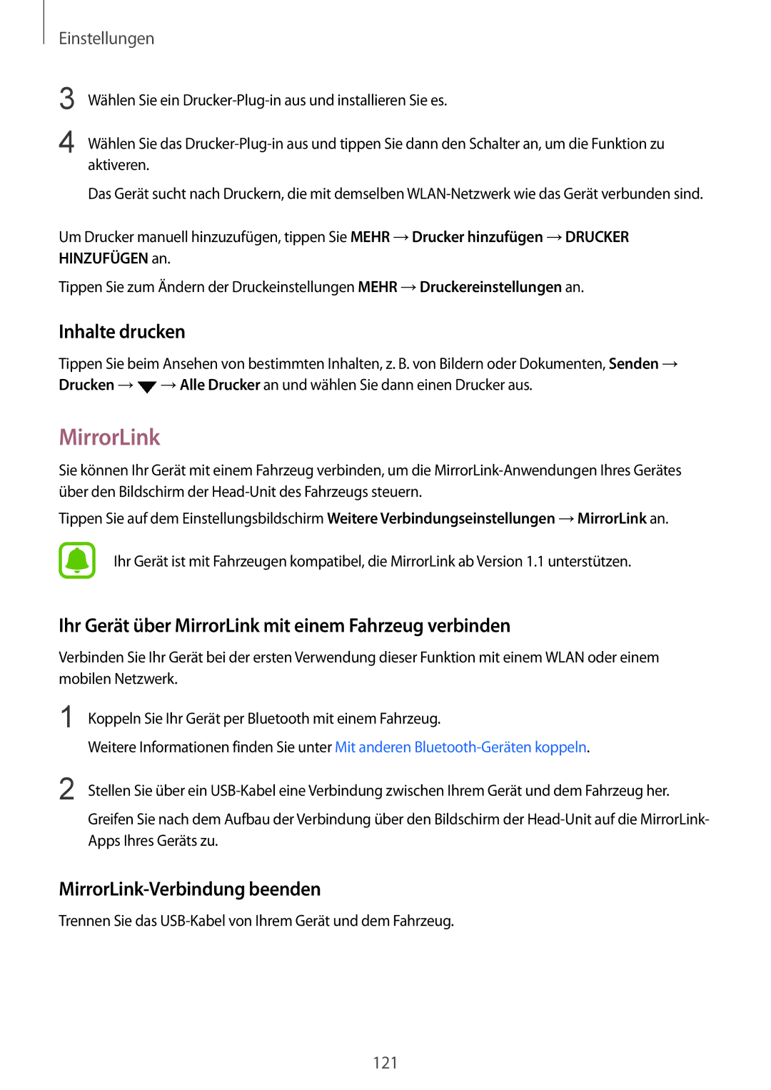 Samsung SM-G930FZWADBT, SM-G930FZSADBT manual Inhalte drucken, Ihr Gerät über MirrorLink mit einem Fahrzeug verbinden 