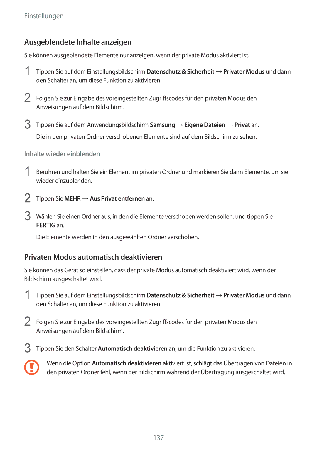 Samsung SM-G930FZDADBT, SM-G930FZSADBT manual Ausgeblendete Inhalte anzeigen, Privaten Modus automatisch deaktivieren 