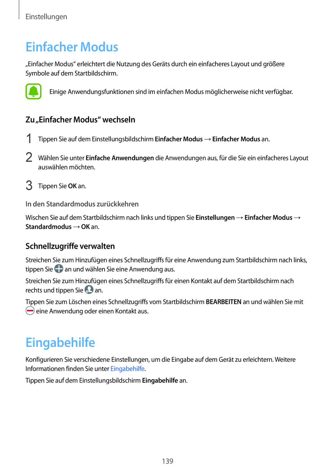 Samsung SM-G930FEDADBT, SM-G930FZSADBT manual Eingabehilfe, Zu„Einfacher Modus wechseln, Schnellzugriffe verwalten 