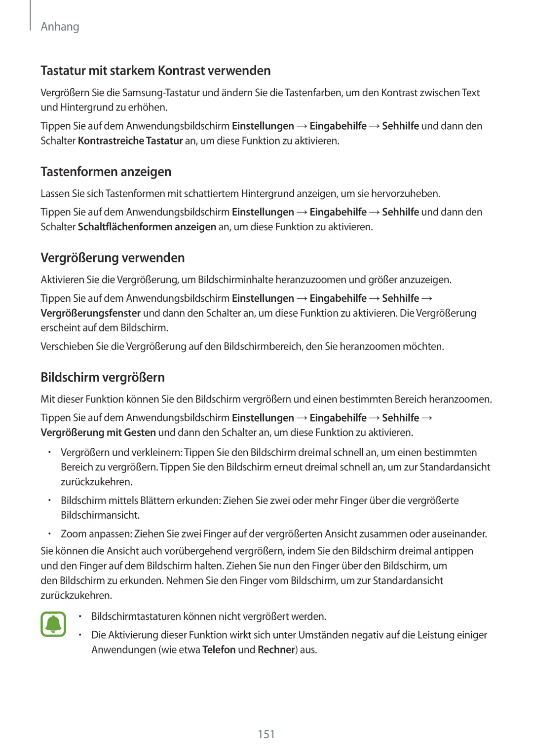 Samsung SM-G930FZWADBT manual Tastatur mit starkem Kontrast verwenden, Tastenformen anzeigen, Vergrößerung verwenden 