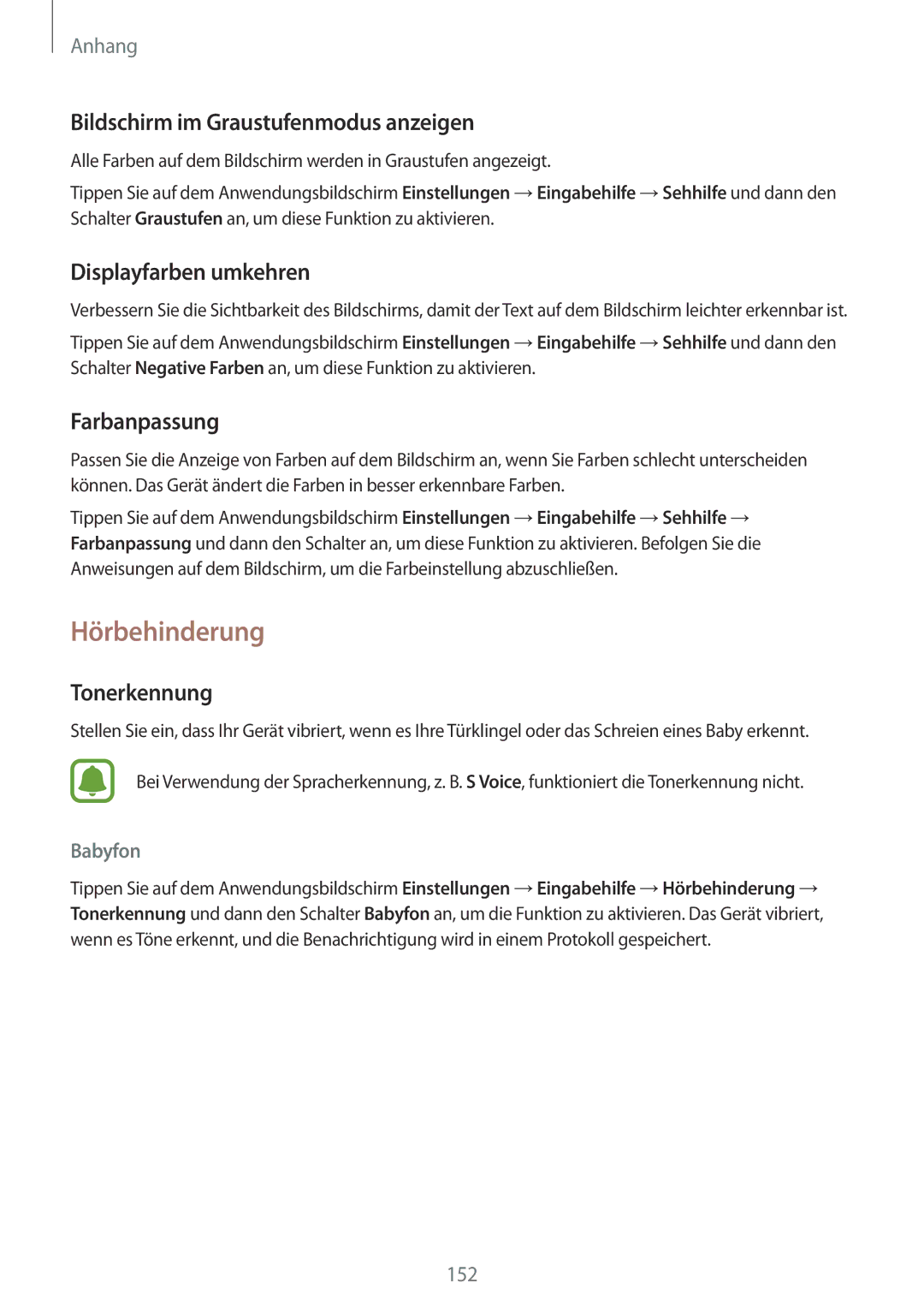 Samsung SM-G930FZDADBT manual Hörbehinderung, Bildschirm im Graustufenmodus anzeigen, Displayfarben umkehren, Farbanpassung 