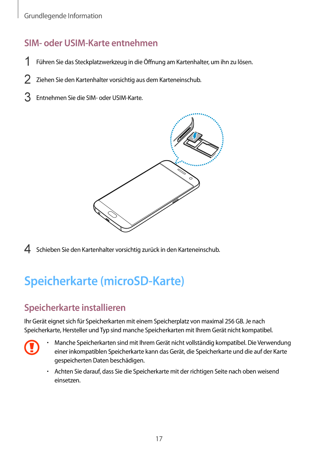 Samsung SM-G930FZDADBT manual Speicherkarte microSD-Karte, SIM- oder USIM-Karte entnehmen, Speicherkarte installieren 