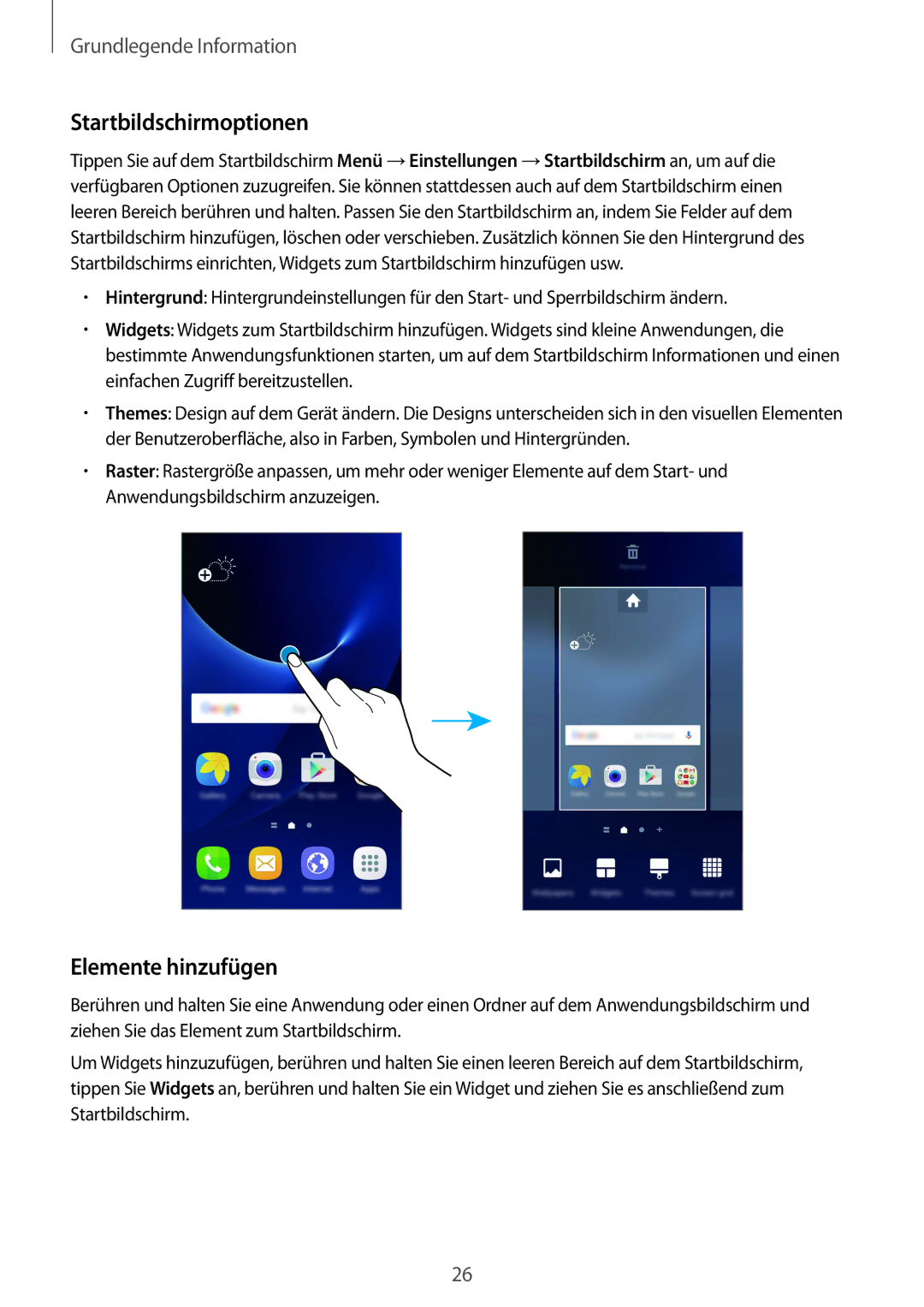 Samsung SM-G930FZWADBT, SM-G930FZSADBT, SM-G930FZDADBT, SM-G930FZKADBT manual Startbildschirmoptionen, Elemente hinzufügen 