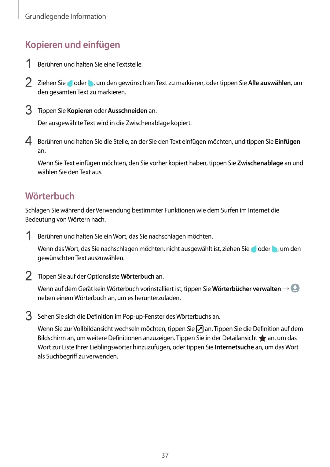 Samsung SM-G930FZDADBT, SM-G930FZSADBT manual Kopieren und einfügen, Wörterbuch, Tippen Sie Kopieren oder Ausschneiden an 