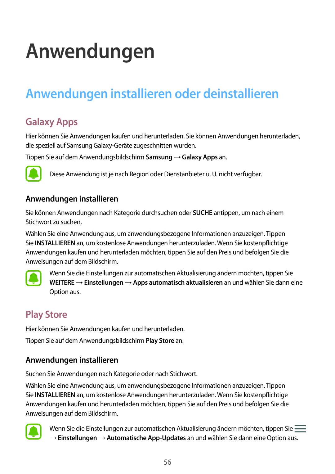 Samsung SM-G930FZWADBT, SM-G930FZSADBT manual Anwendungen installieren oder deinstallieren, Galaxy Apps, Play Store 