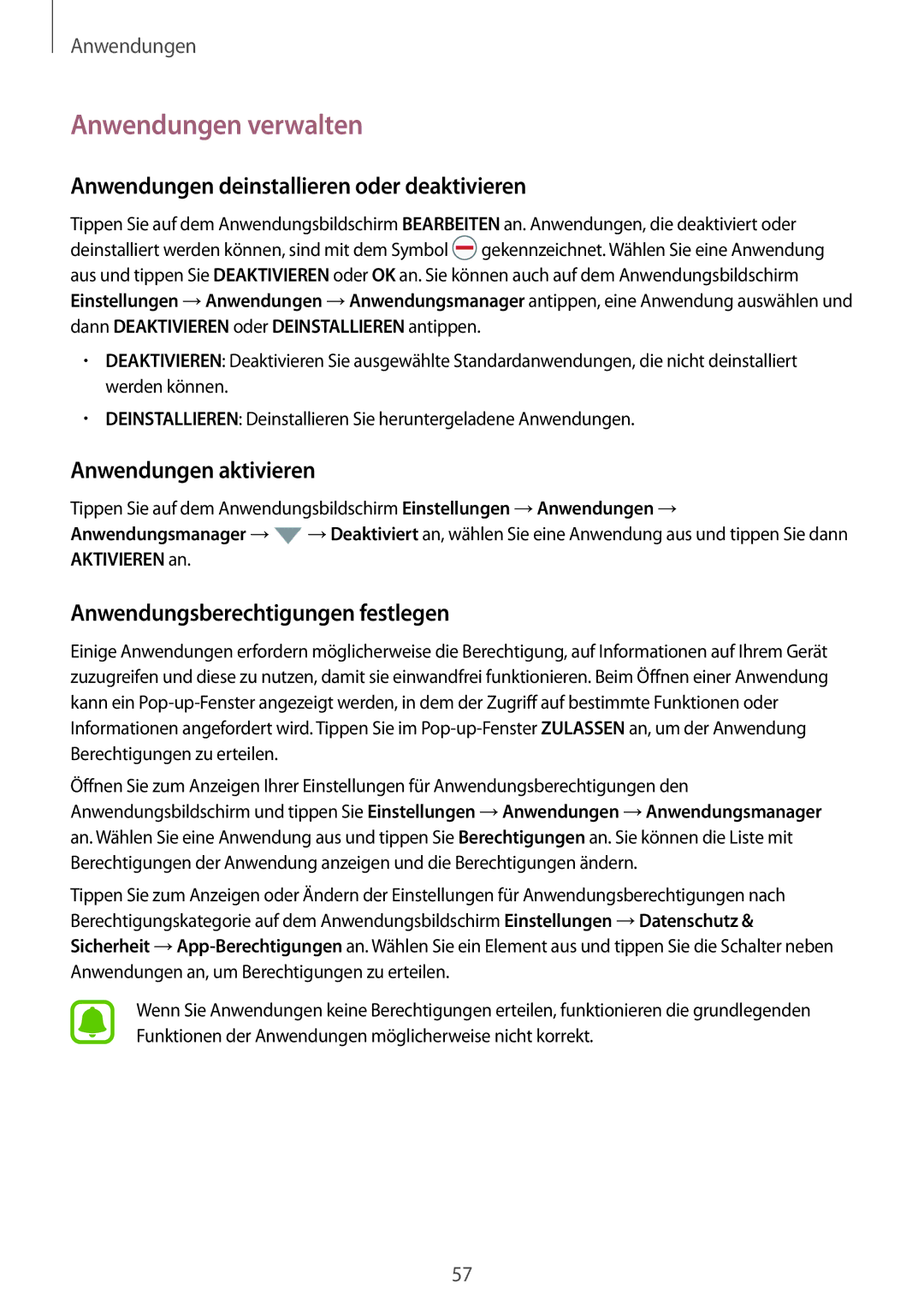 Samsung SM-G930FZDADBT manual Anwendungen verwalten, Anwendungen deinstallieren oder deaktivieren, Anwendungen aktivieren 