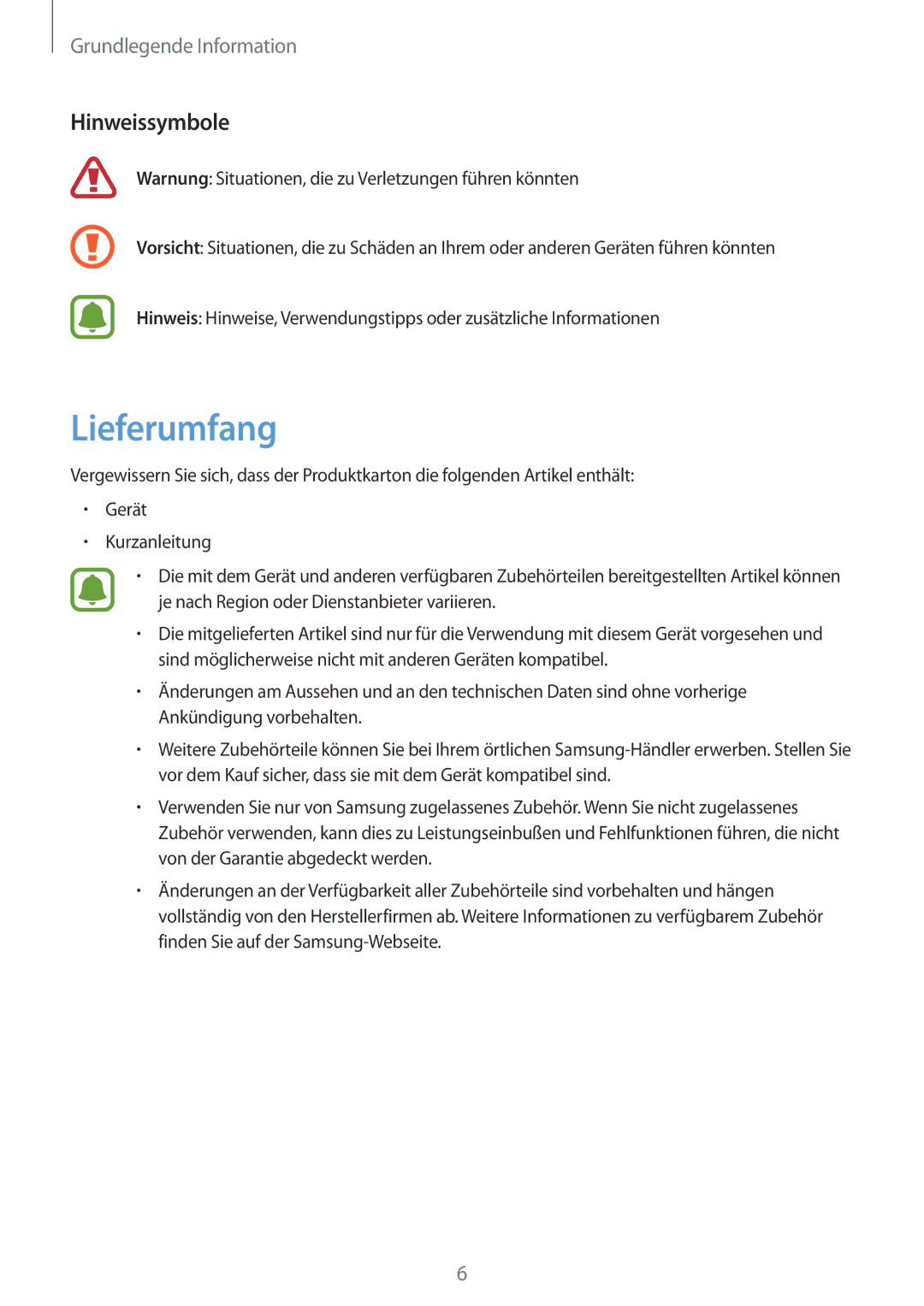 Samsung SM-G930FZWADBT, SM-G930FZSADBT, SM-G930FZDADBT, SM-G930FZKADBT, SM-G930FEDADBT manual Lieferumfang, Hinweissymbole 