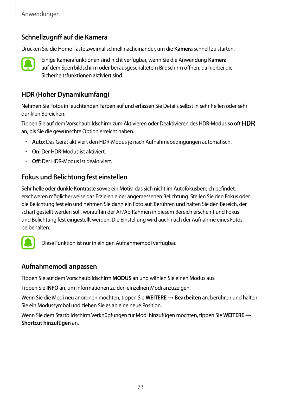 Samsung SM-G930FZKADBT manual Schnellzugriff auf die Kamera, HDR Hoher Dynamikumfang, Fokus und Belichtung fest einstellen 