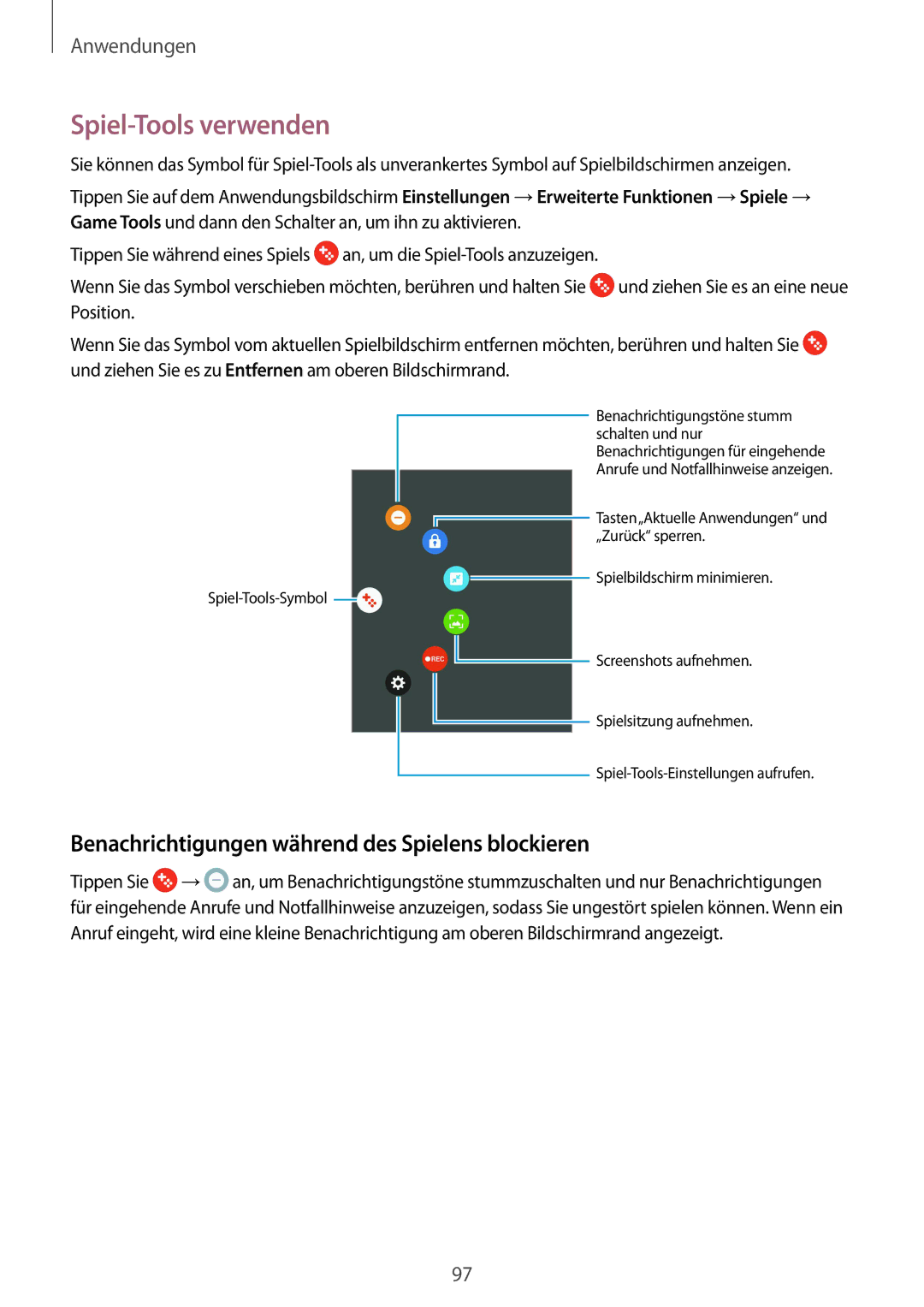 Samsung SM-G930FZDADBT, SM-G930FZSADBT manual Spiel-Tools verwenden, Benachrichtigungen während des Spielens blockieren 