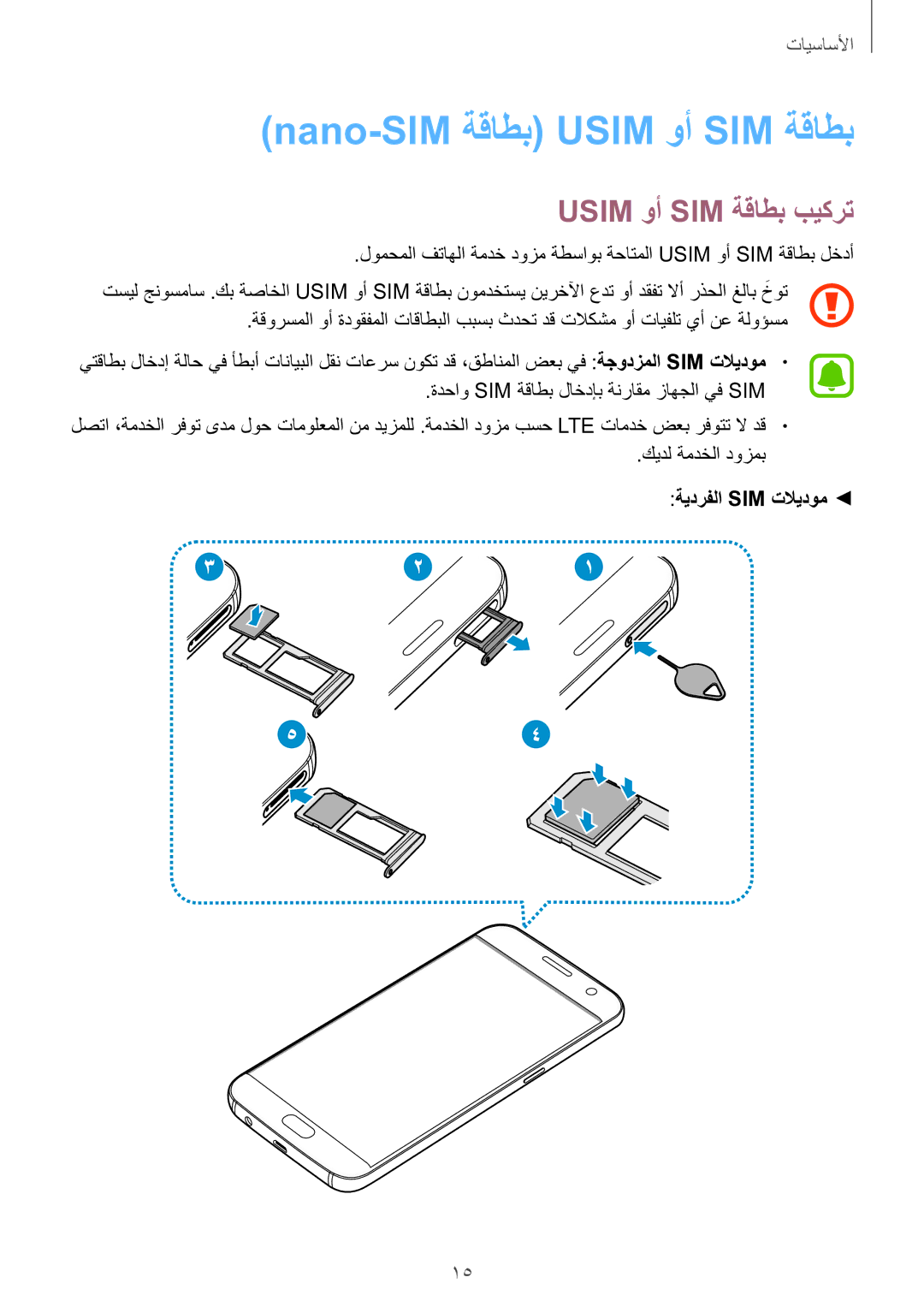 Samsung SM-G930FZKAKSA, SM-G930FZSAKSA manual Nano-SIM ةقاطب Usim وأ SIM ةقاطب, Usim وأ SIM ةقاطب بيكرت, ةيدرفلا Sim تلايدوم 