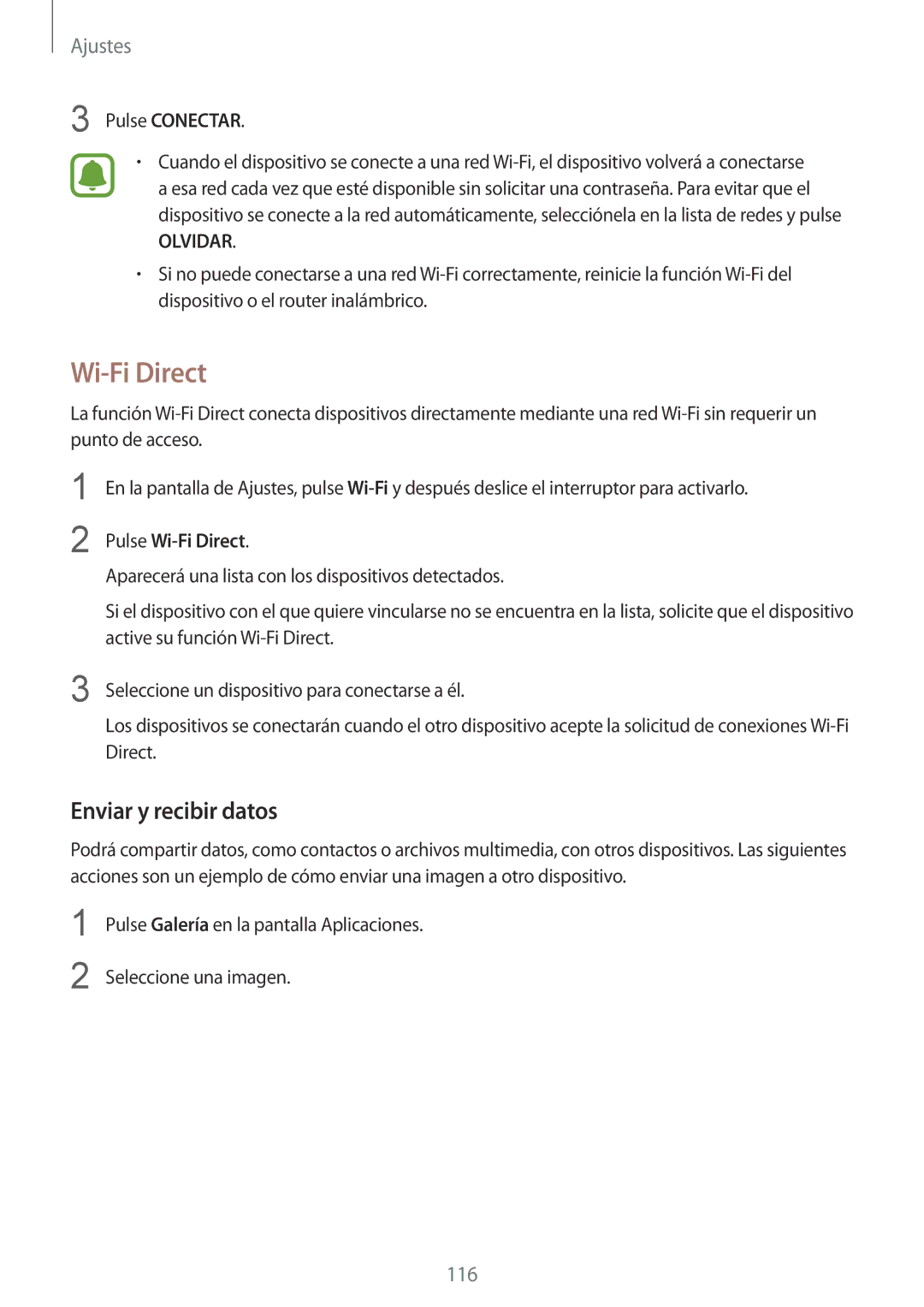 Samsung SM-G930FZSAPHE, SM-G930FEDAPHE, SM-G930FZKAPHE manual Enviar y recibir datos, Pulse Conectar, Pulse Wi-Fi Direct 