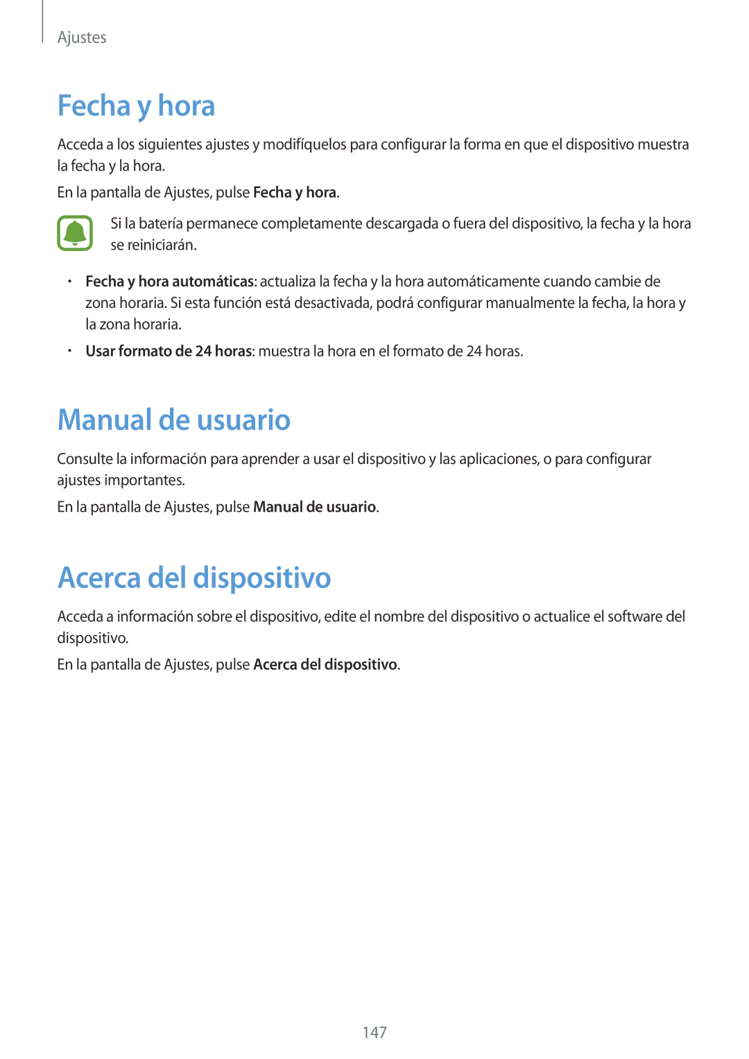 Samsung SM-G930FZDAPHE, SM-G930FZSAPHE, SM-G930FEDAPHE manual Fecha y hora, Manual de usuario, Acerca del dispositivo 